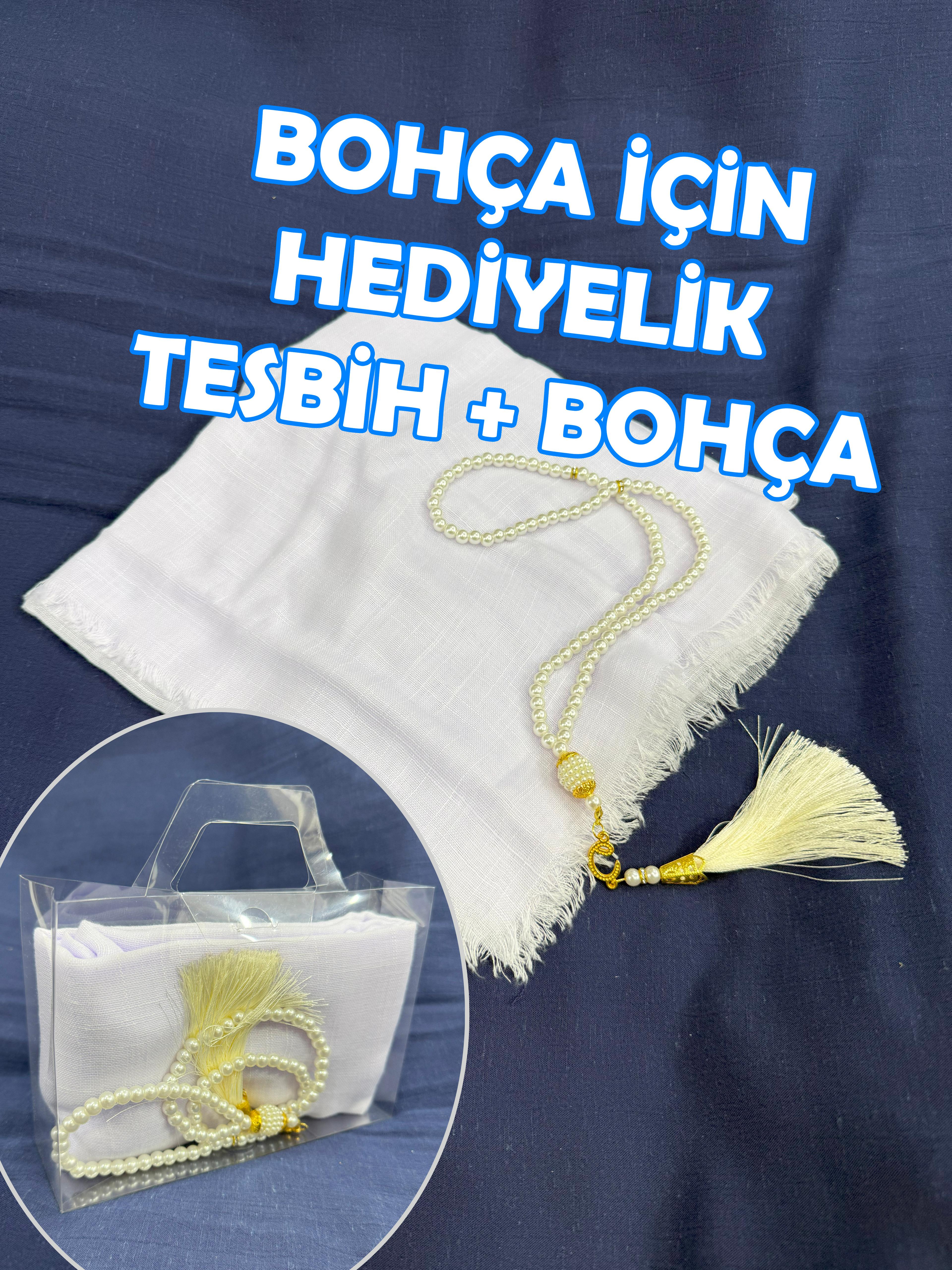 Bohça İçin Hediyelik (Tesbih + Tülbent) Şeffaf Çanta İçinde - BEYAZ