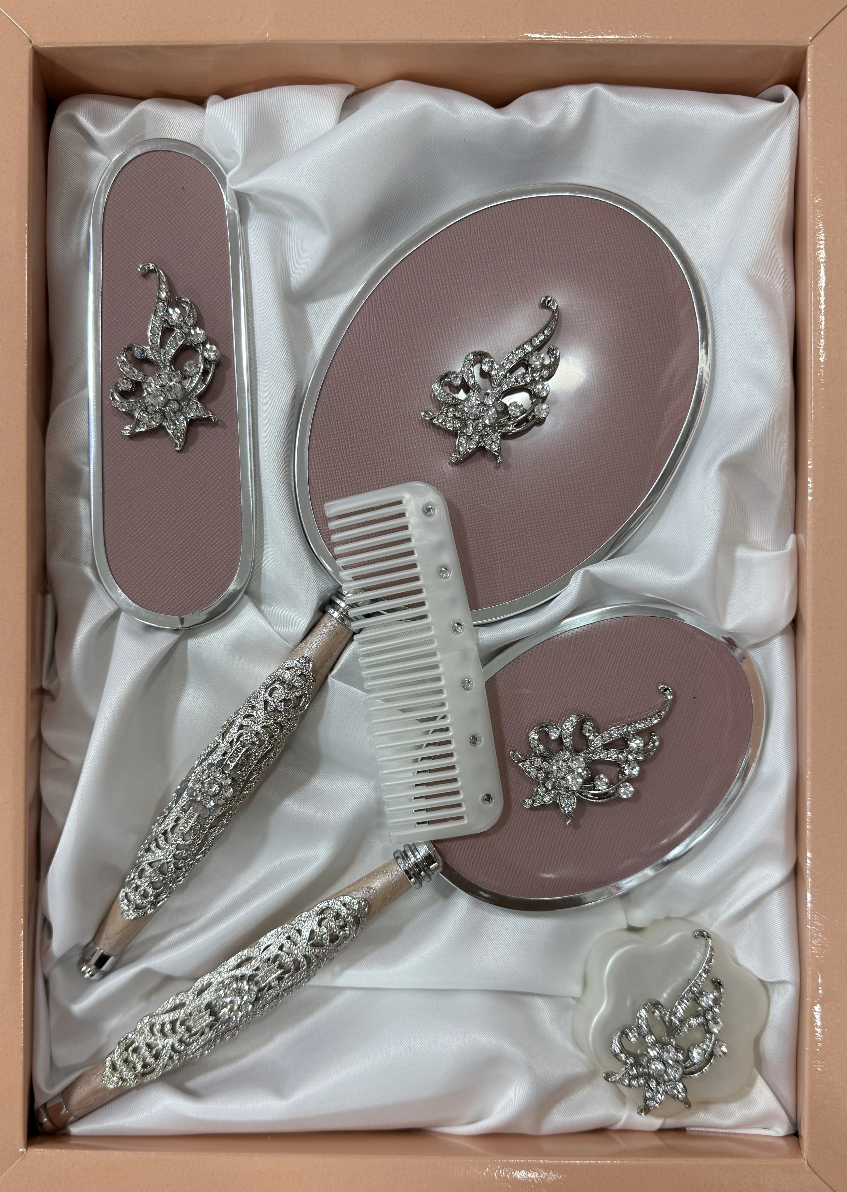 5 Parça Ayna & Tarak Seti - Ahşap Saplı Çeyizlik Tuvalet Takımı