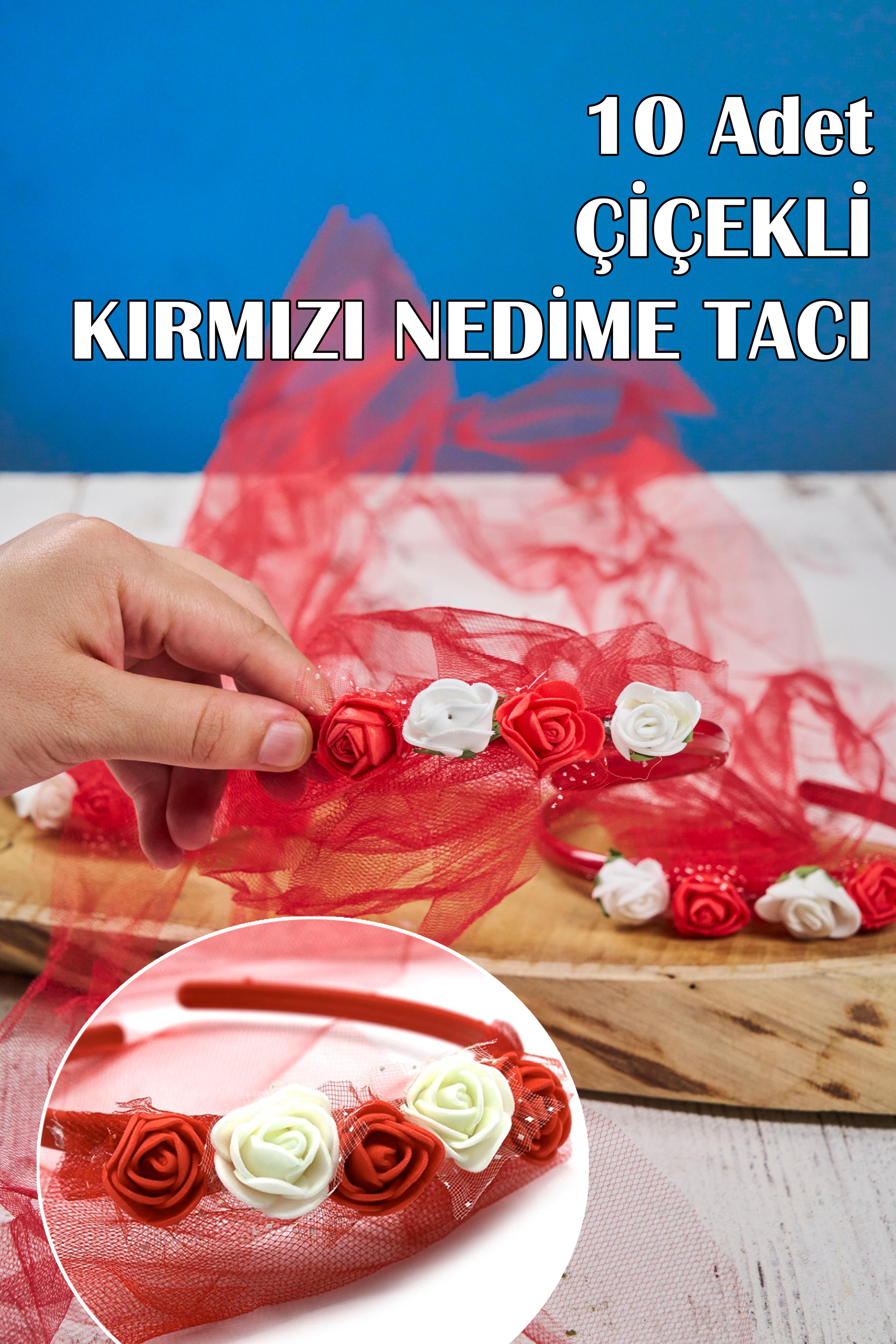 10 Adet Çiçekli Nedime Tacı - KIRMIZI