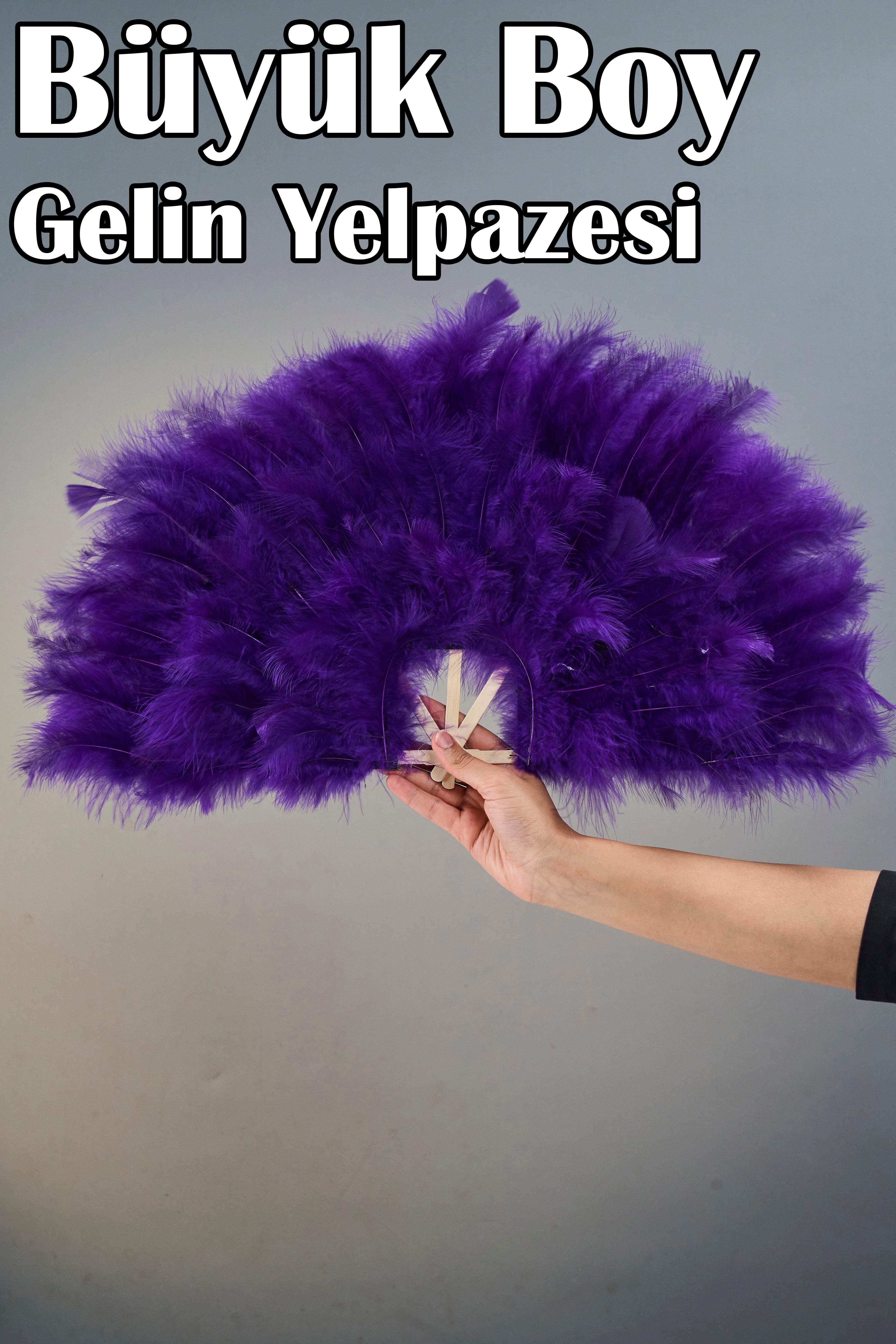 Büyük Boy Tüylü Kına Gecesi Gelin Yelpazesi (55x25 cm) - MOR