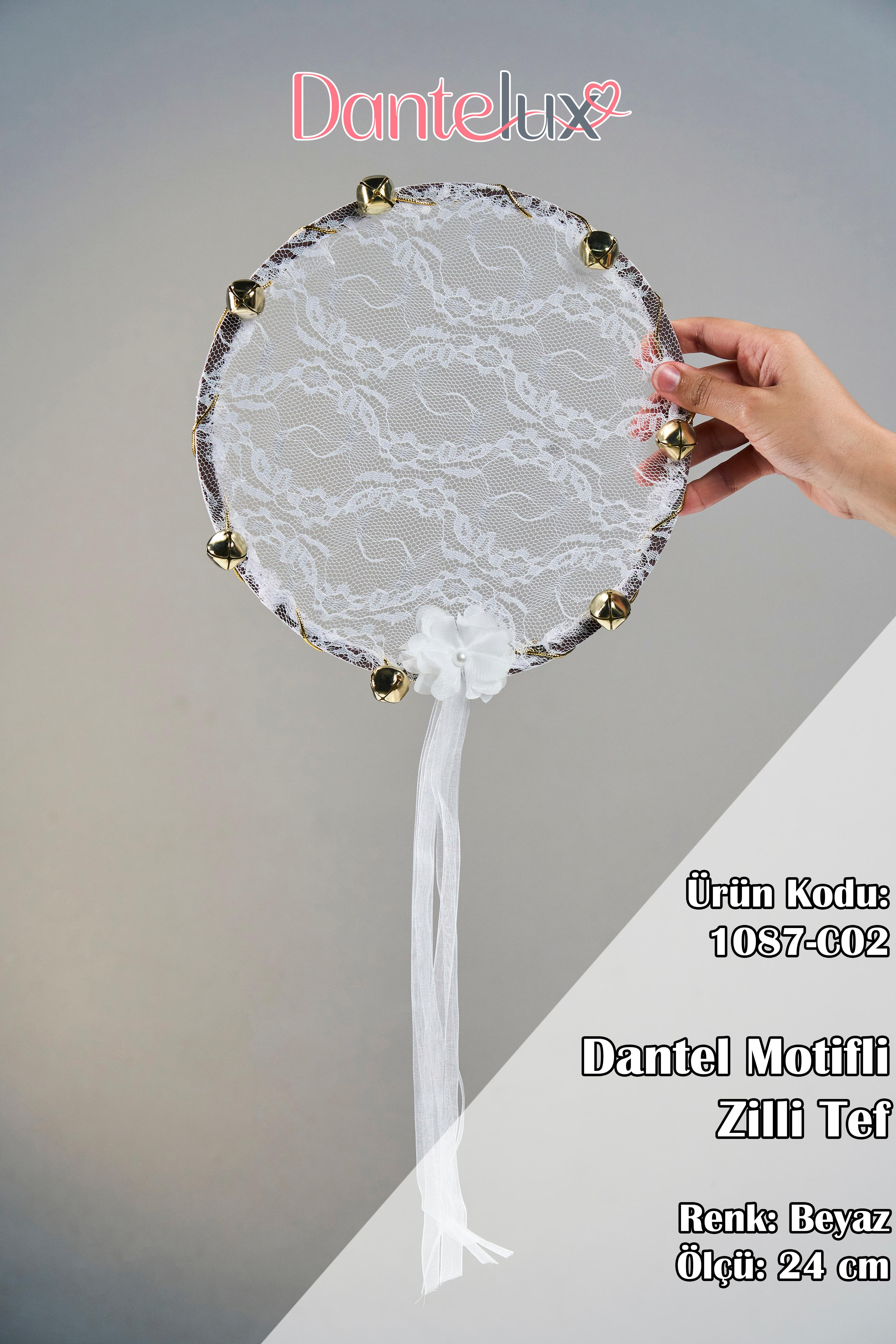 Dantel Motifli Zilli Kına Gecesi Tefi - BEYAZ