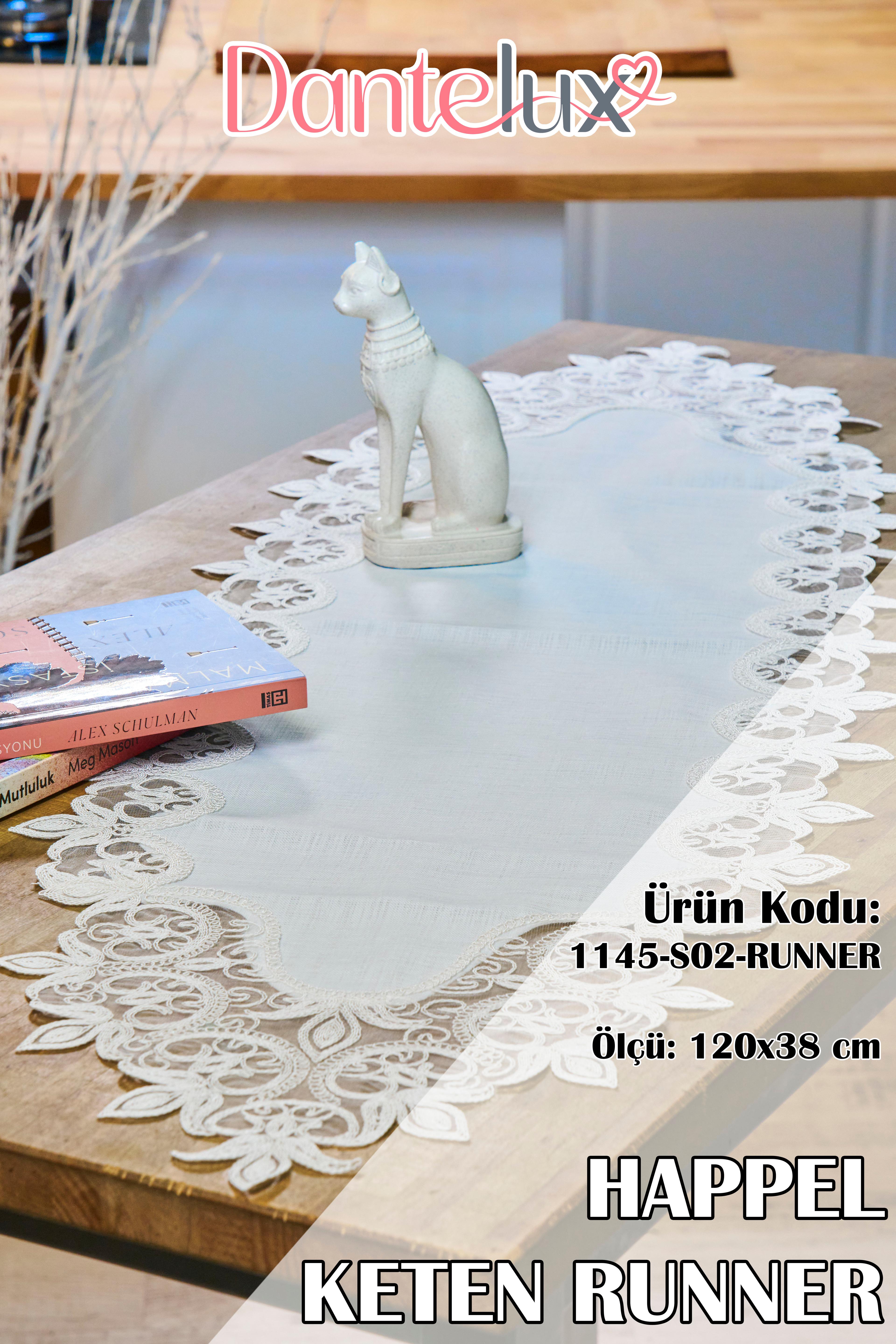 Keten Dantelli Runner (120x38 cm) - Gri - Pembe