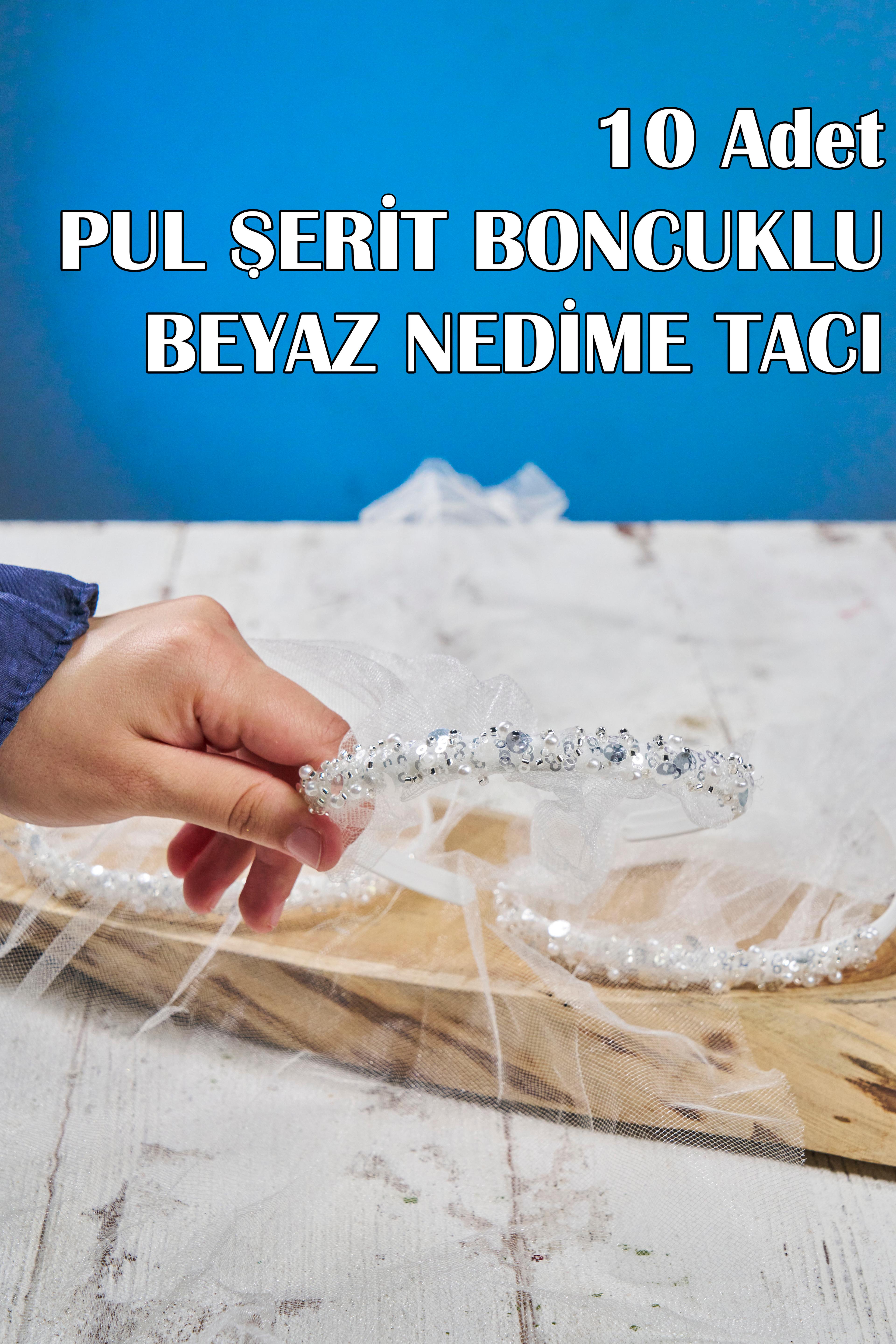 10 Adet Pul Şerit Boncuklu Nedime Tacı - BEYAZ