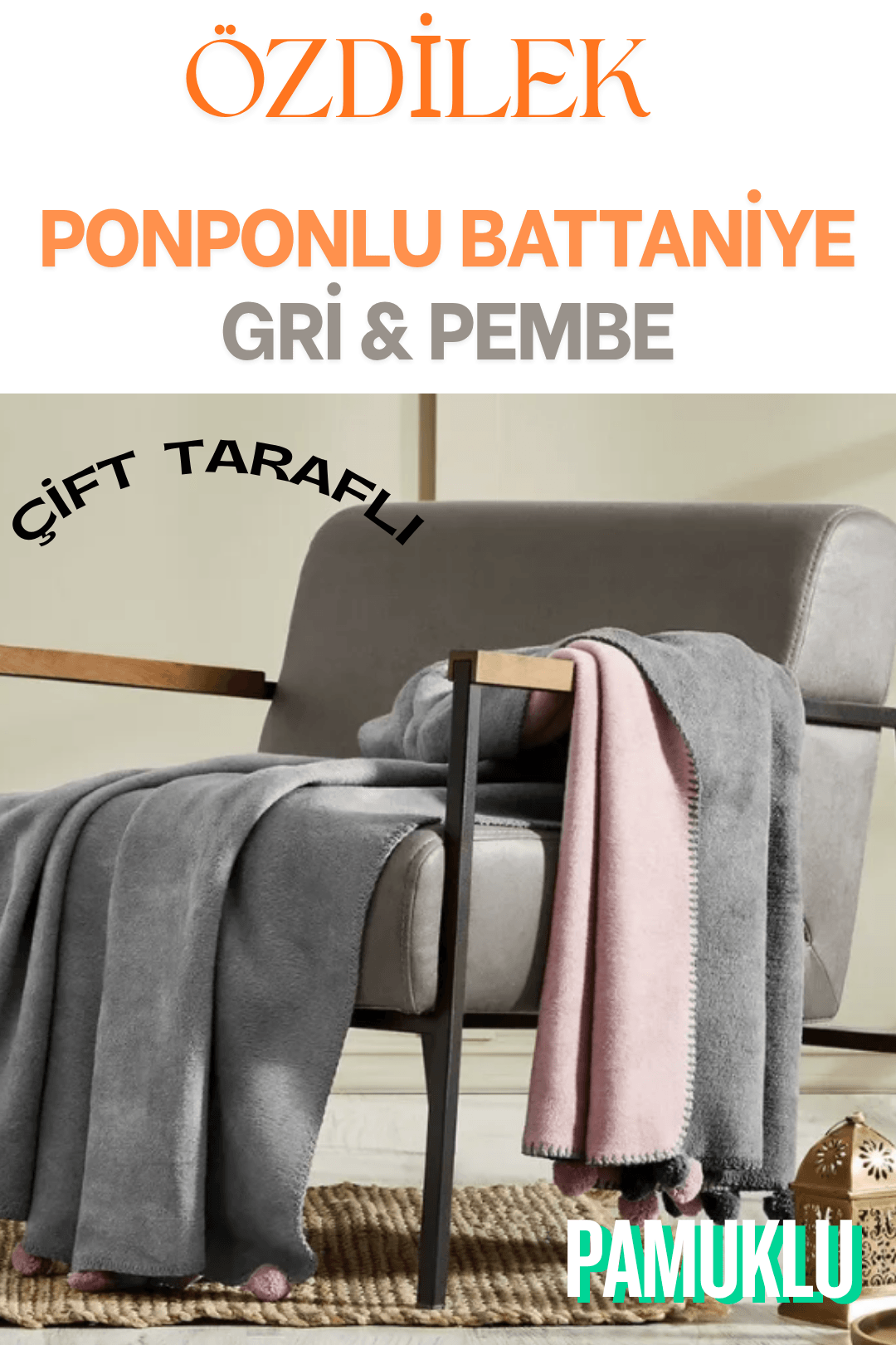 Ponponlu Pamuklu Çift Taraflı Battaniye (Çift Kişilik) 180x220 cm - PEMBE