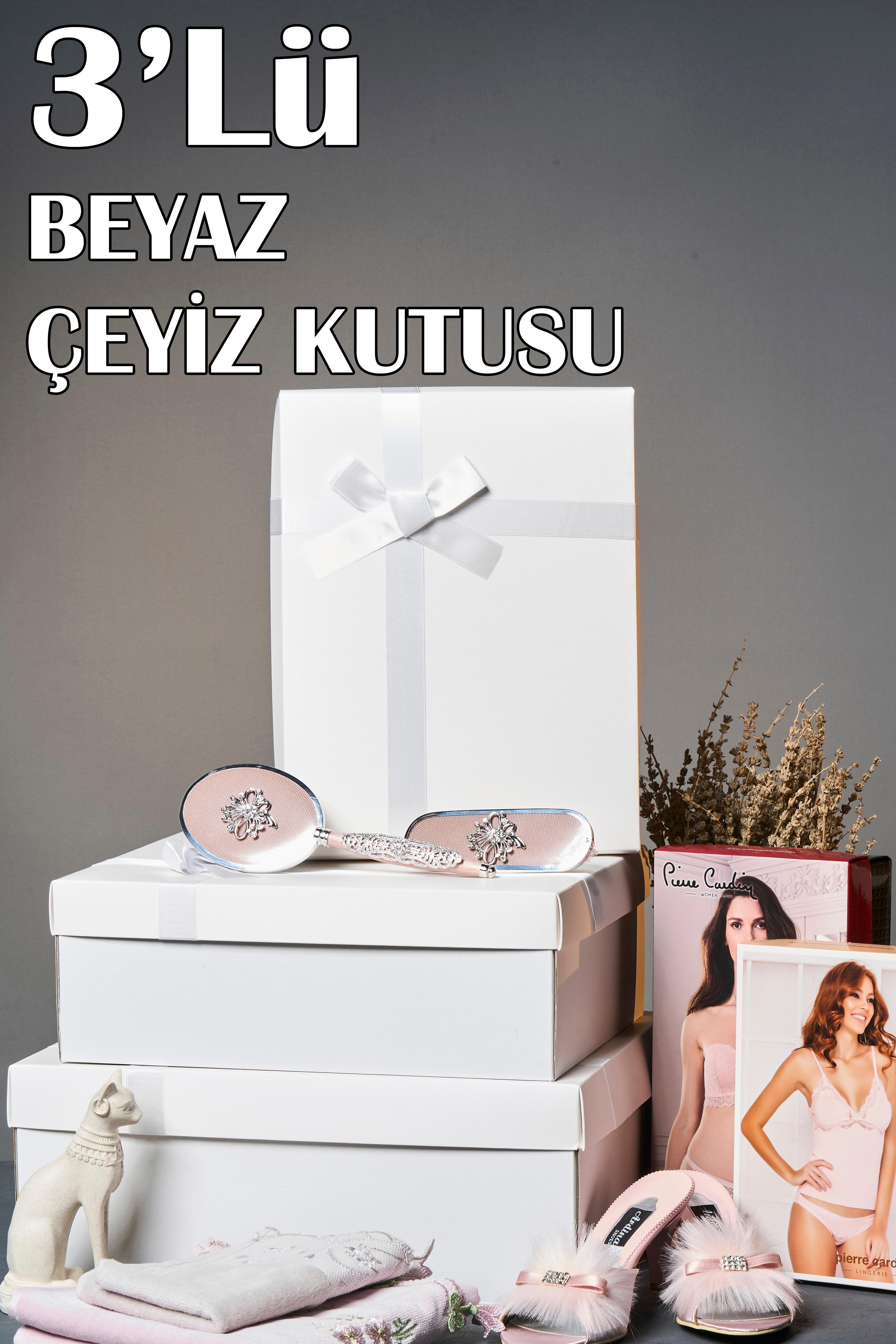Beyaza Beyaz Kurdeleli 3'Lü Çeyiz Kutusu
