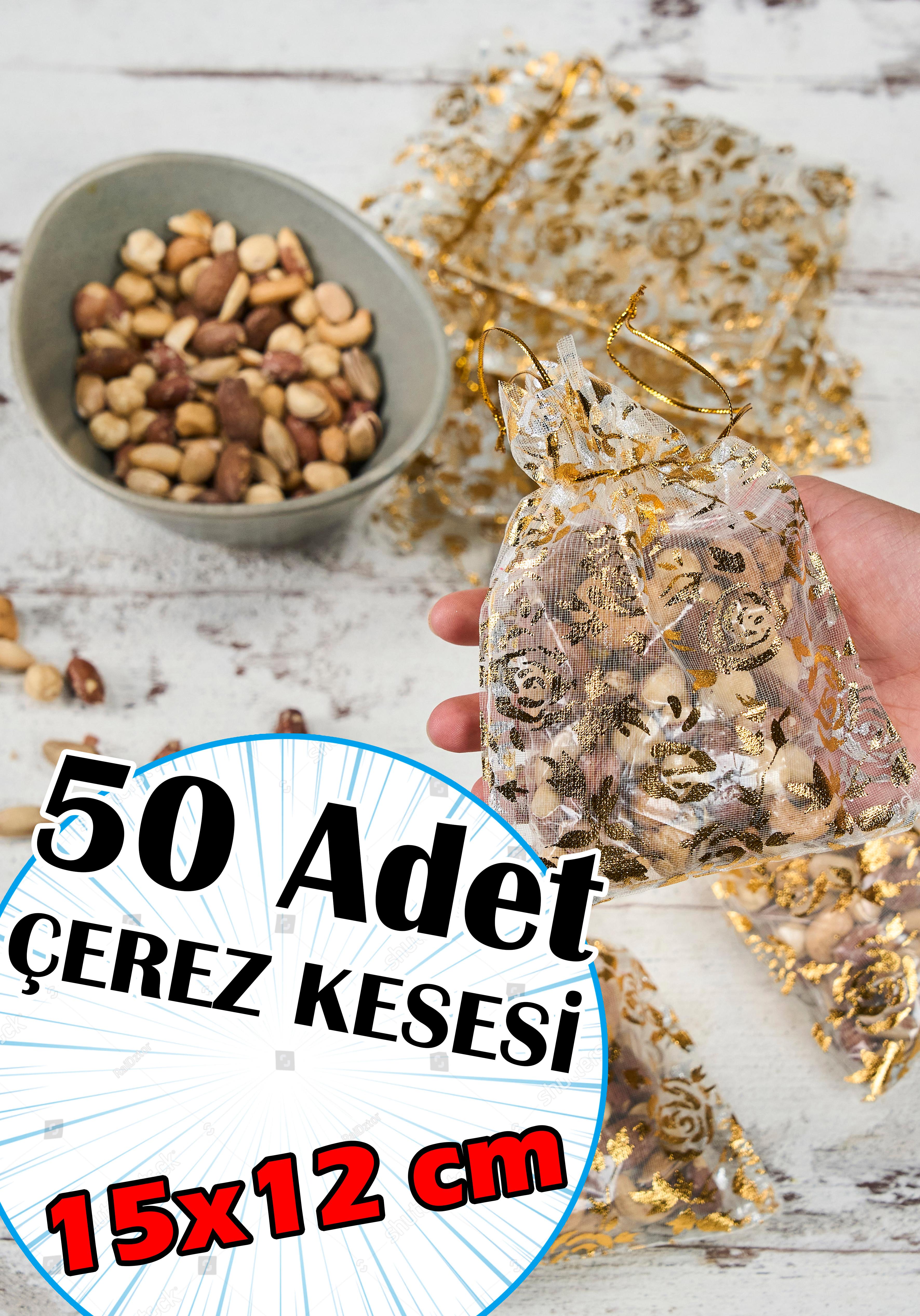 50 Adet Klasik Tül Çerez Kesesi (15x12 cm) - GOLD