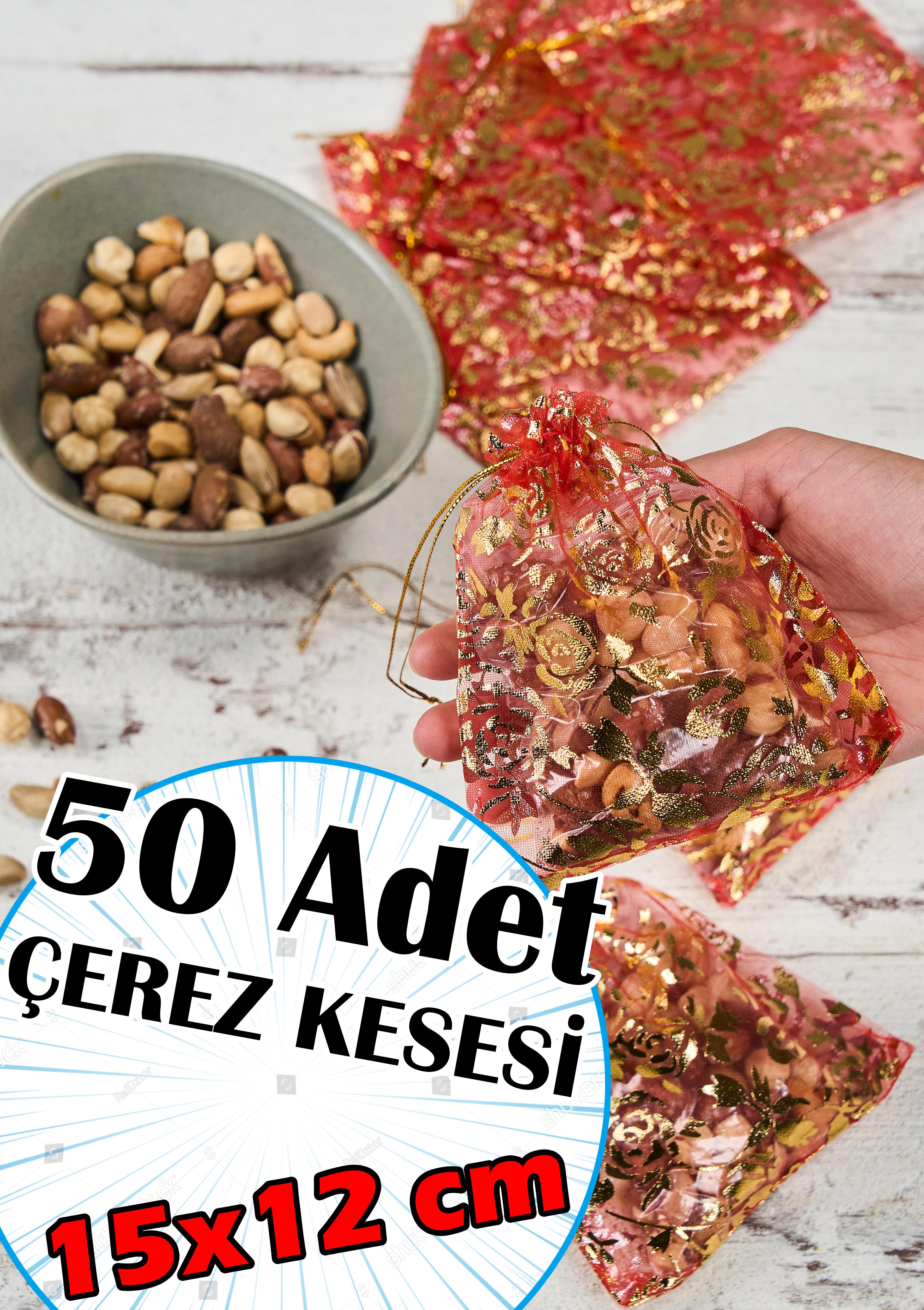 50 Adet Klasik Tül Çerez Kesesi (15x12 cm) - KIRMIZI DESENLİ