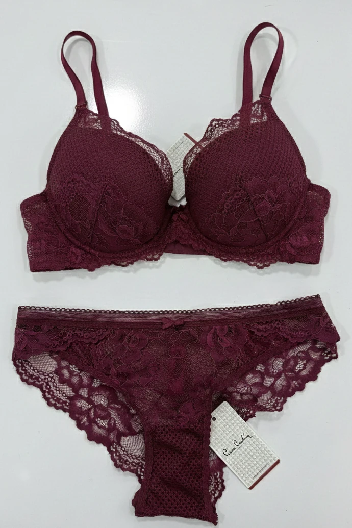 4587 Tül Askılı Destekli Sütyen & Kilot Takımı - Bordo - 80 Beden
