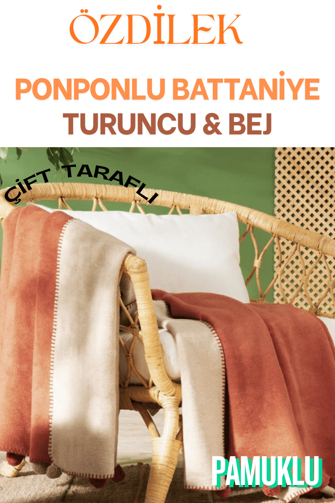 Ponponlu Pamuklu Çift Taraflı Battaniye (Çift Kişilik) 180x220 cm - TURUNCU