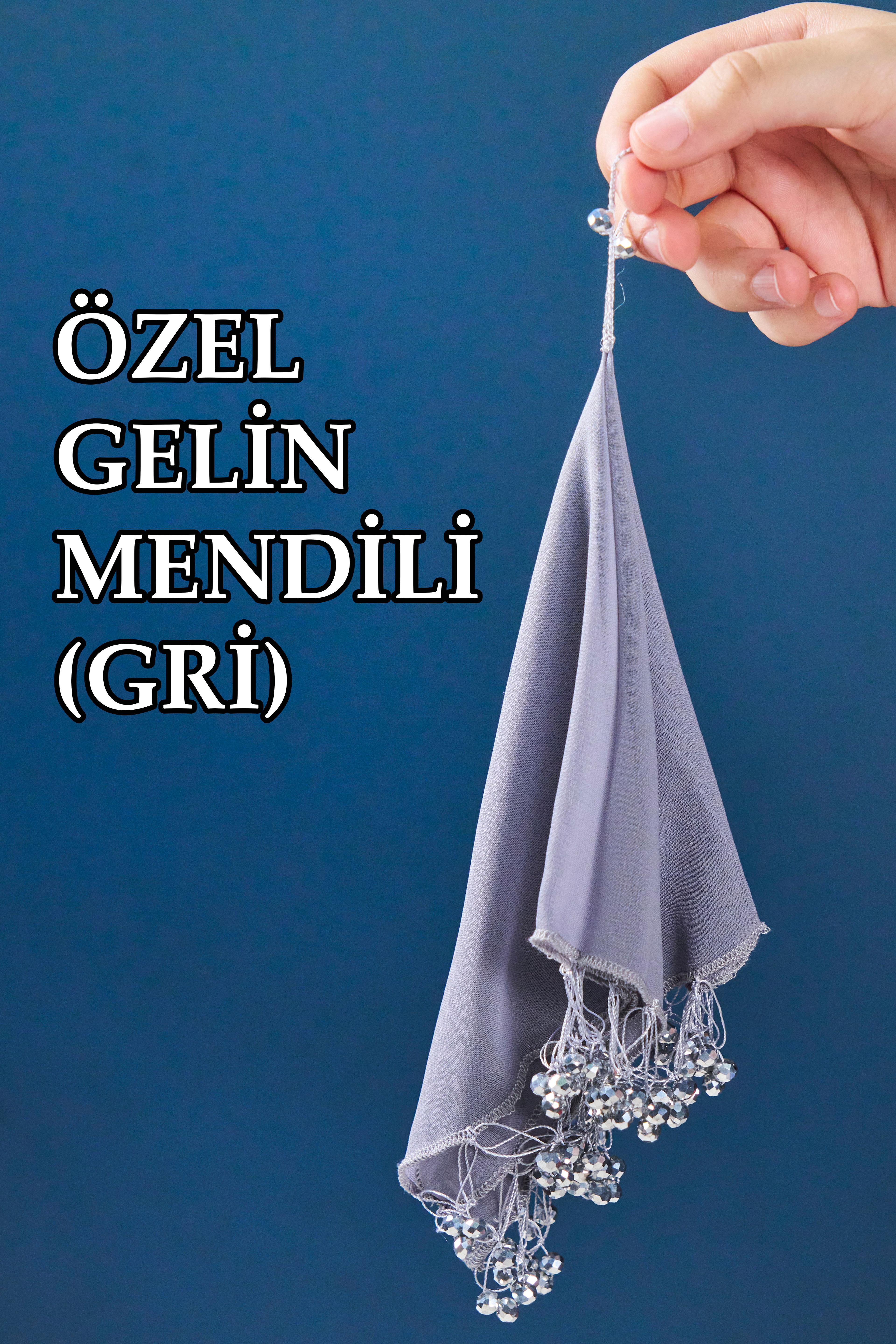 Boncuklu Özel Gelin Mendili (1 Adet) 28x28 cm - GRİ