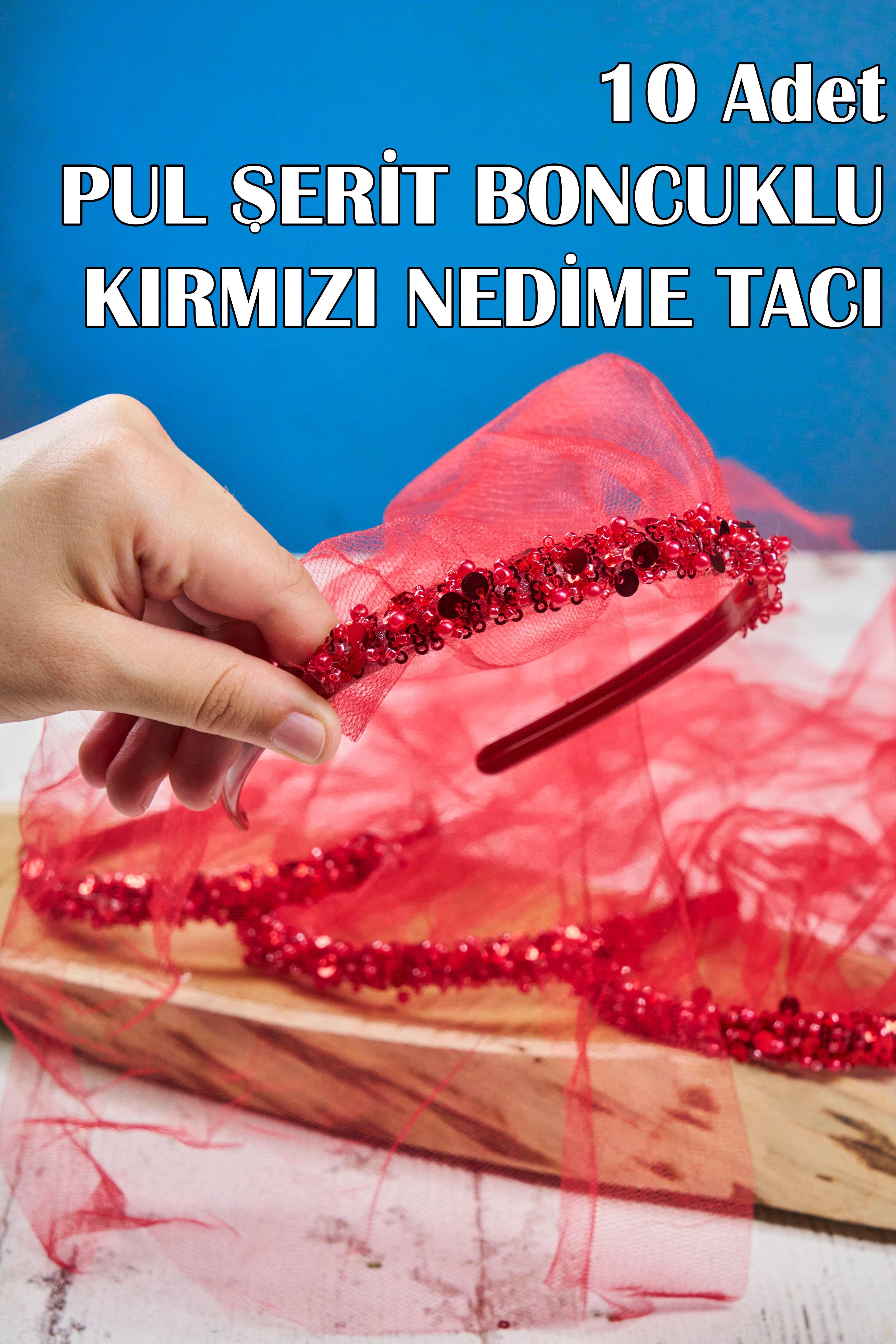 10 Adet Pul Şerit Boncuklu Nedime Tacı - KIRMIZI