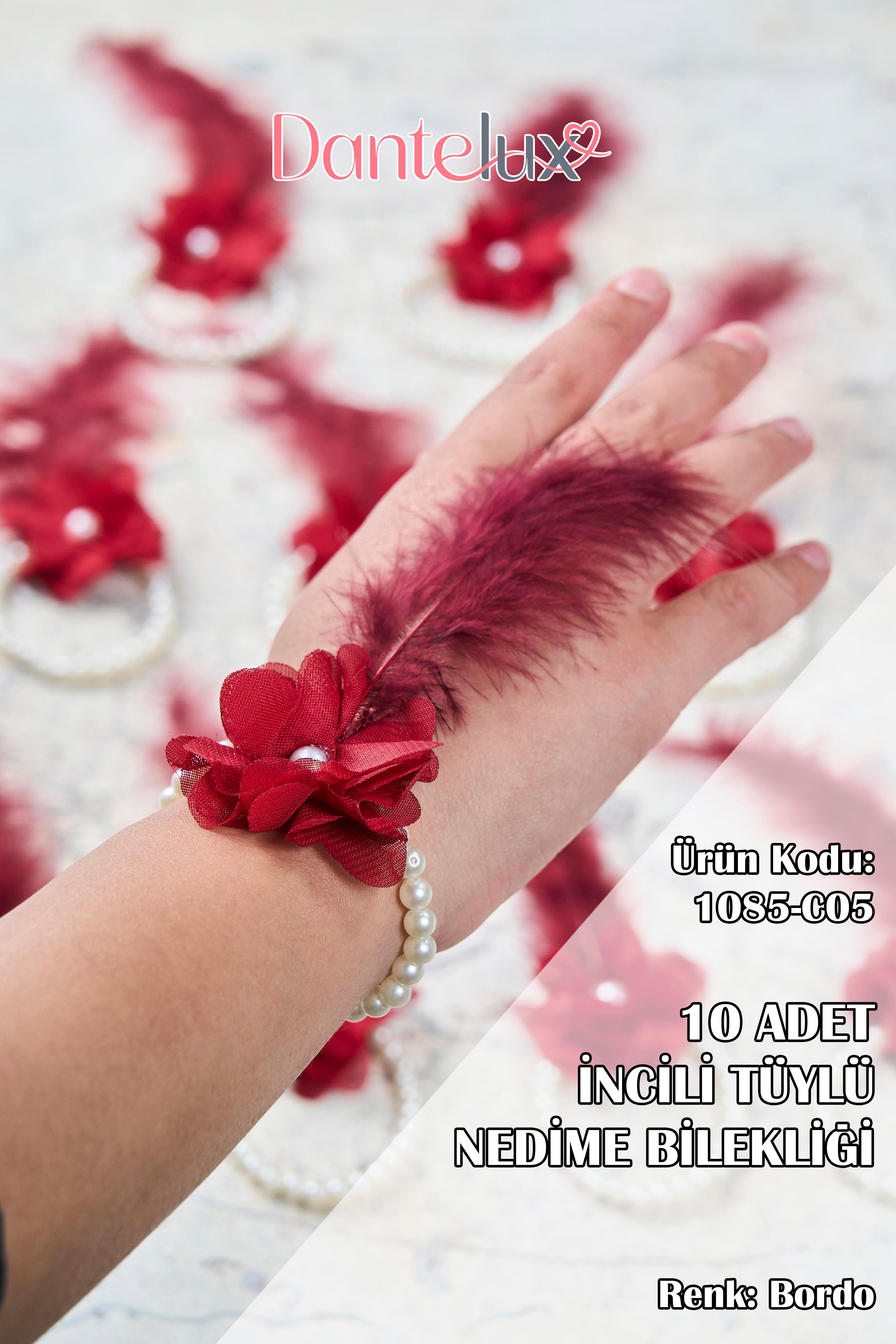 10 Adet Tüylü İncili Nedime Bilekliği - Bekarlığa Veda Bilekliği - BORDO