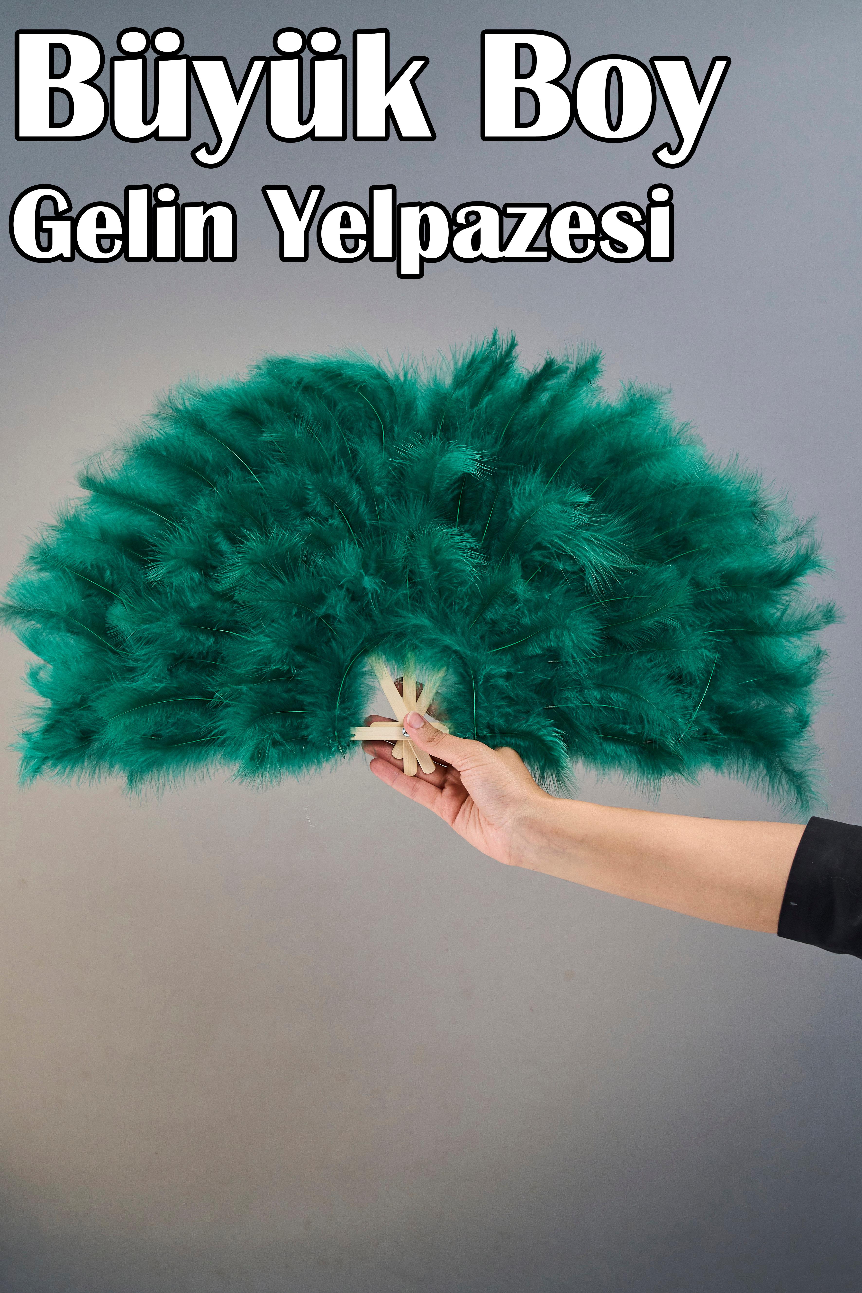 Büyük Boy Tüylü Kına Gecesi Gelin Yelpazesi (55x25 cm) - YEŞİL