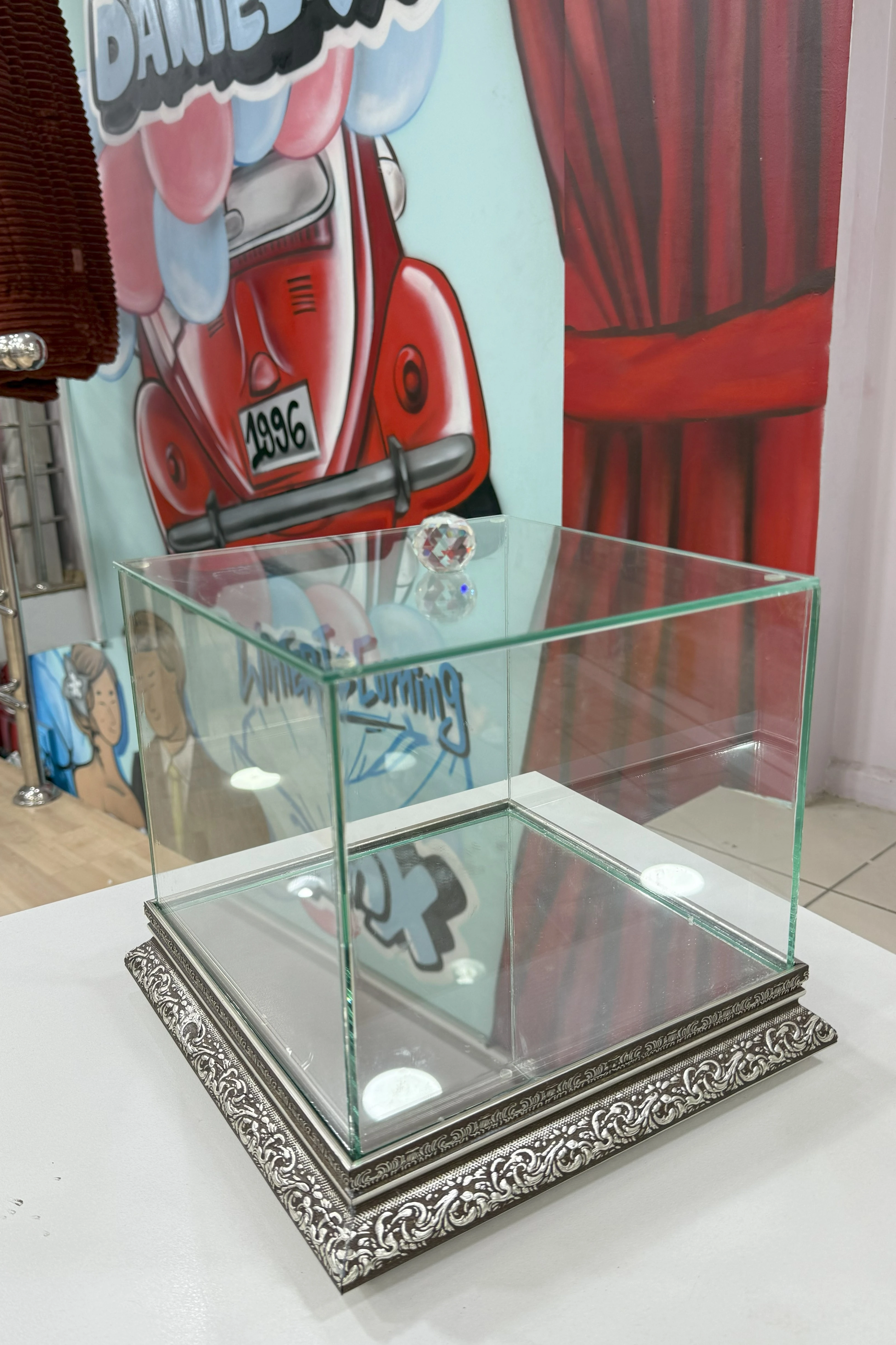 Kare Cam Çeyiz Sandığı - Çeyizlik Cam Kutu - GÜMÜŞ DESENLİ