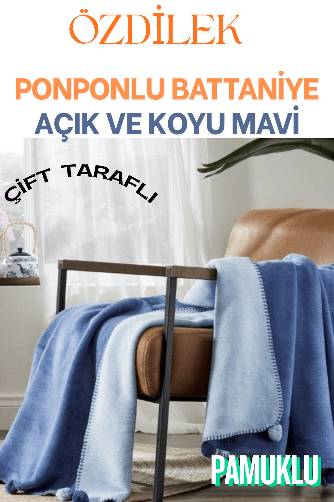Ponponlu Pamuklu Çift Taraflı Battaniye (Çift Kişilik) 180x220 cm - MAVİ