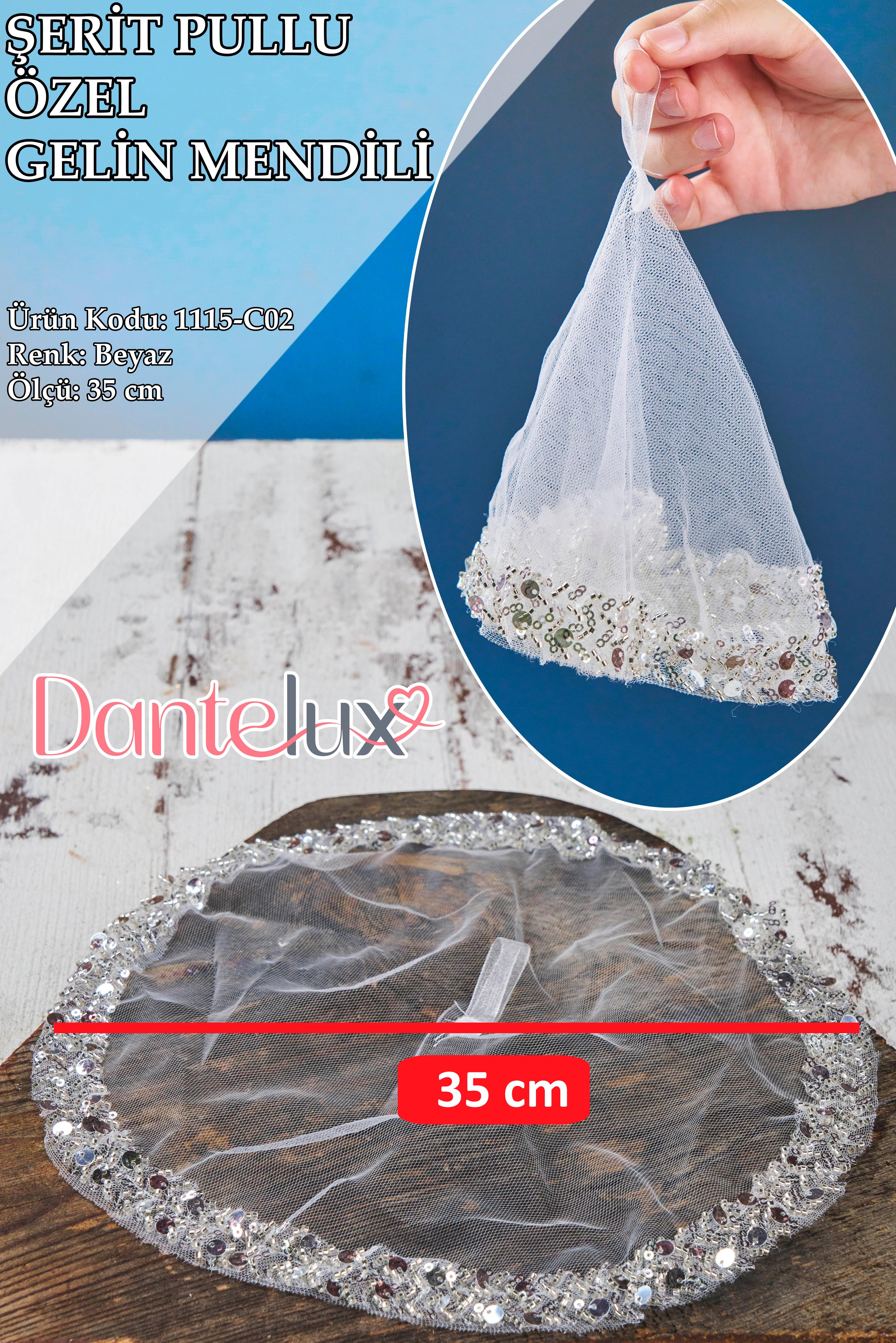 Şerit Pullu Özel Gelin Mendili (1 Adet) 35 cm - BEYAZ