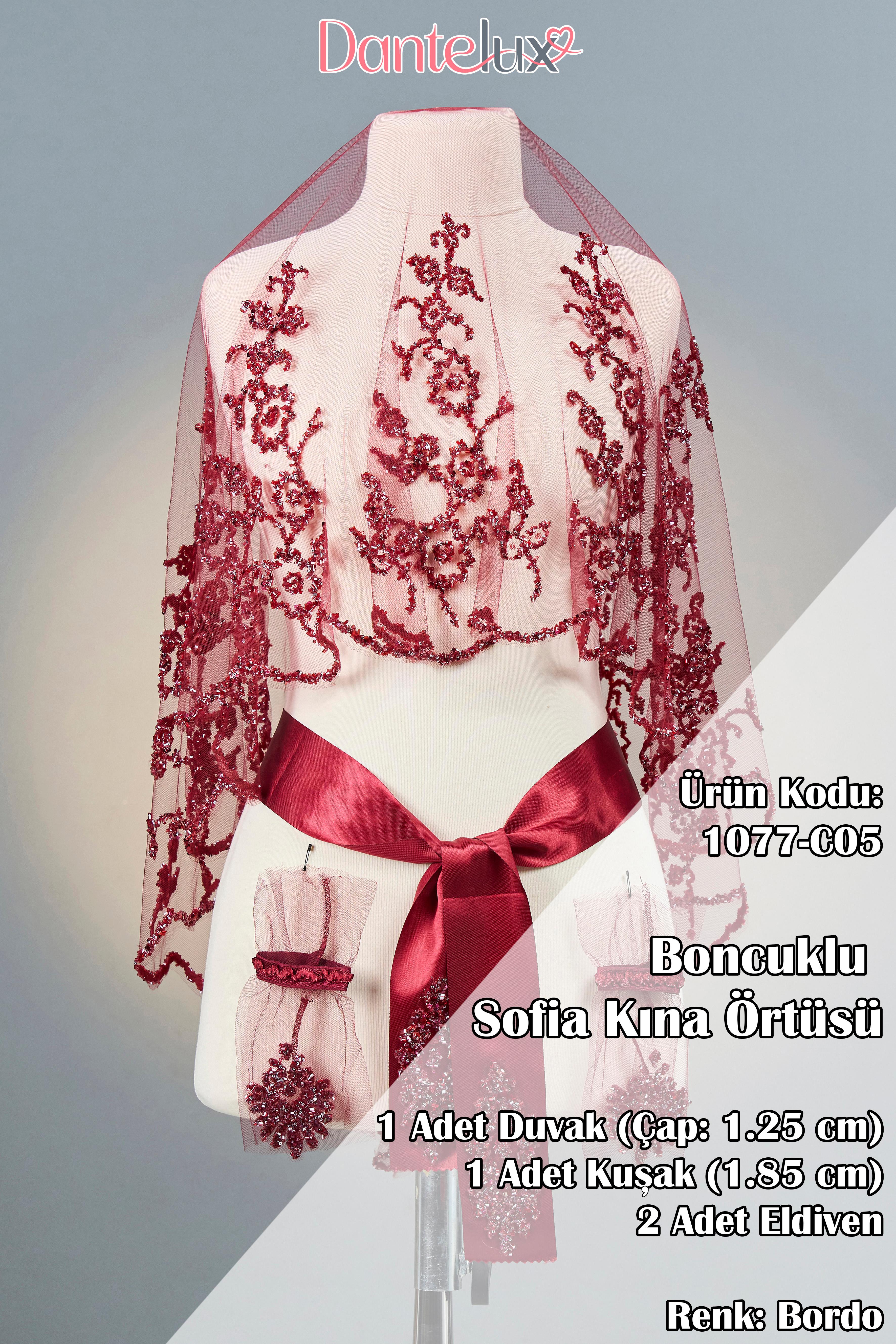 Boncuklu Sofia Gelin Duvağı Seti (Kına Örtüsü + Gelin Kuşağı + Kına Eldiveni) - BORDO