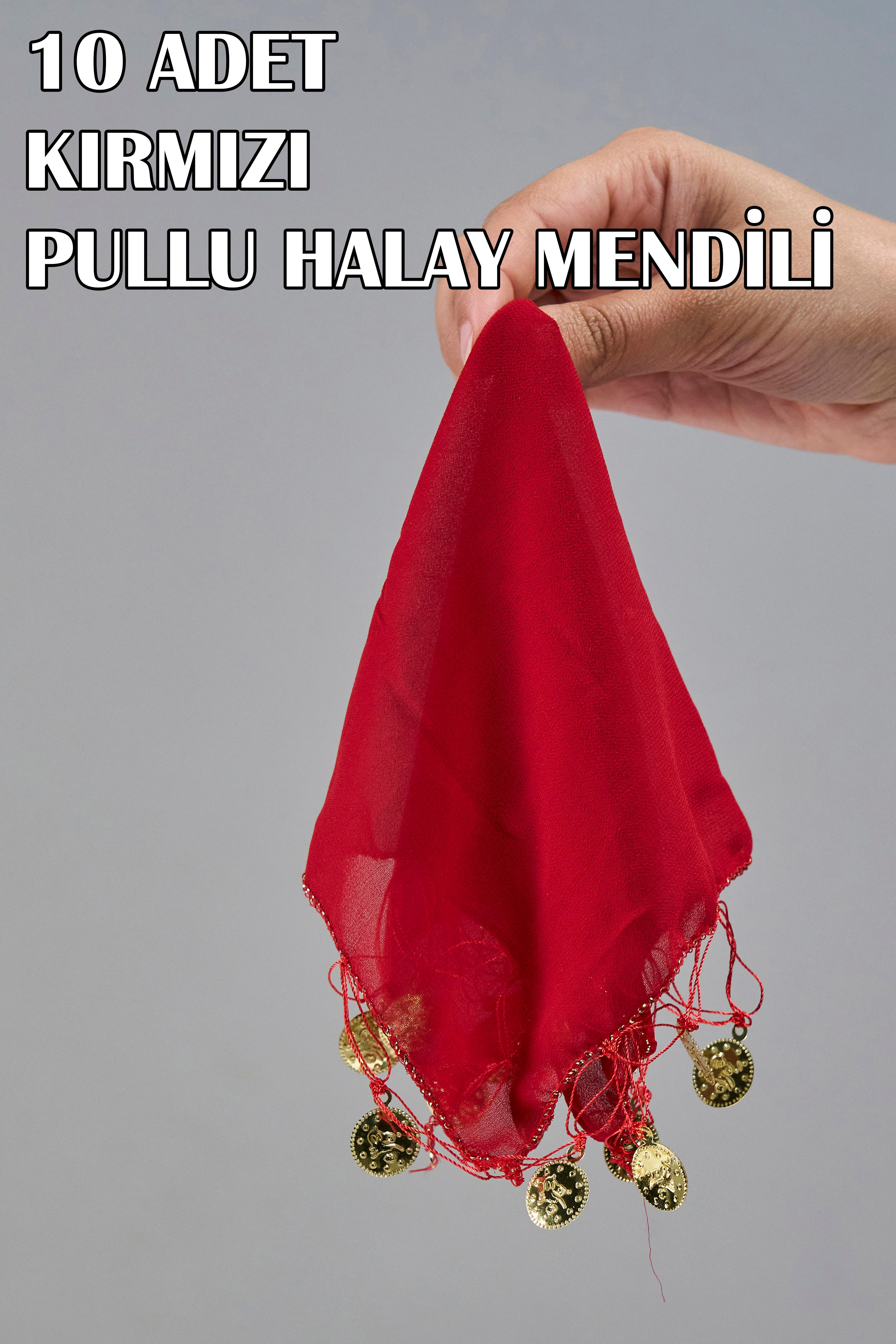 10 Adet Pullu Şifon Halay Mendili - KIRMIZI