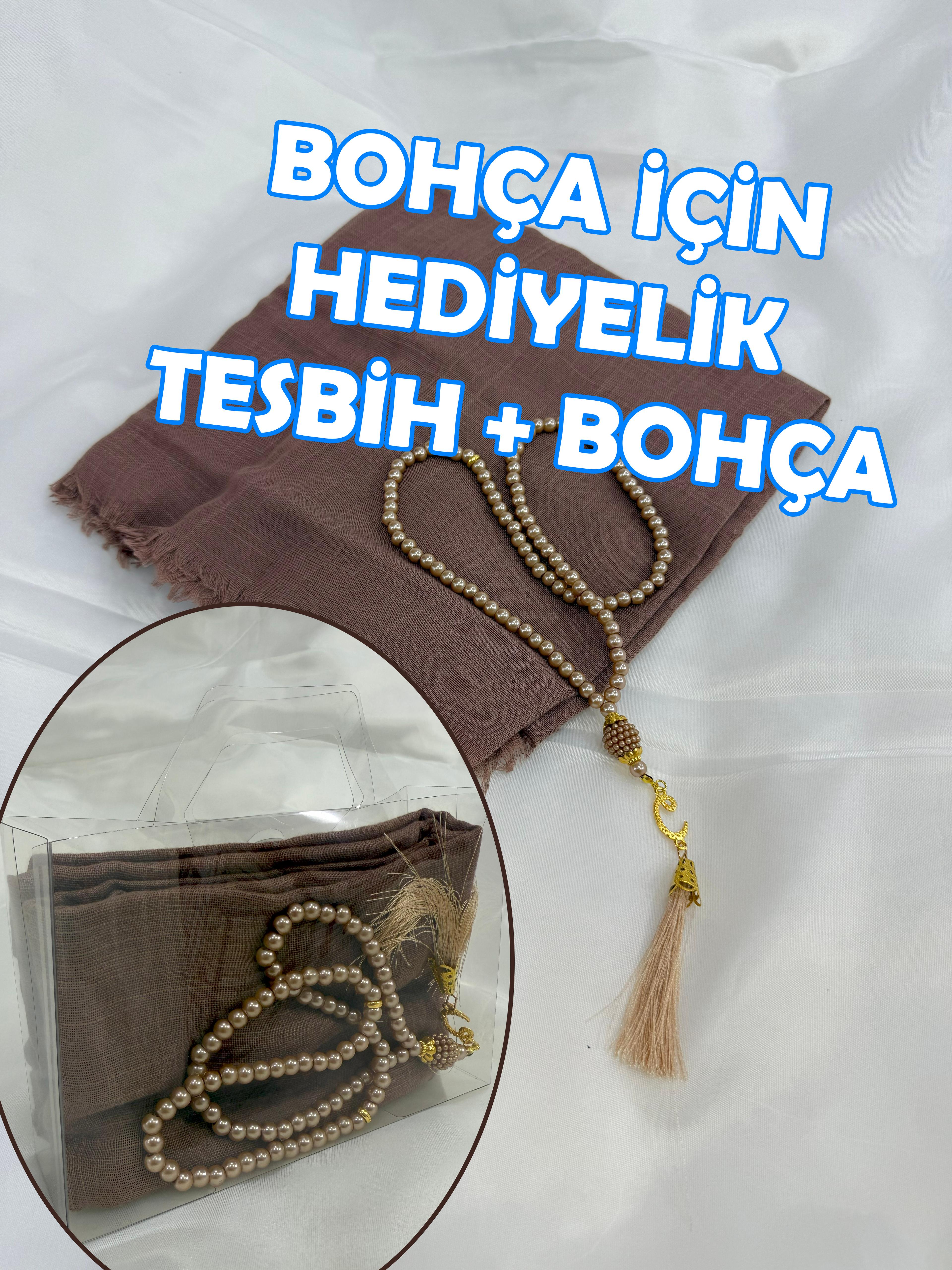 Bohça İçin Hediyelik (Tesbih + Tülbent) Şeffaf Çanta İçinde - KAHVE