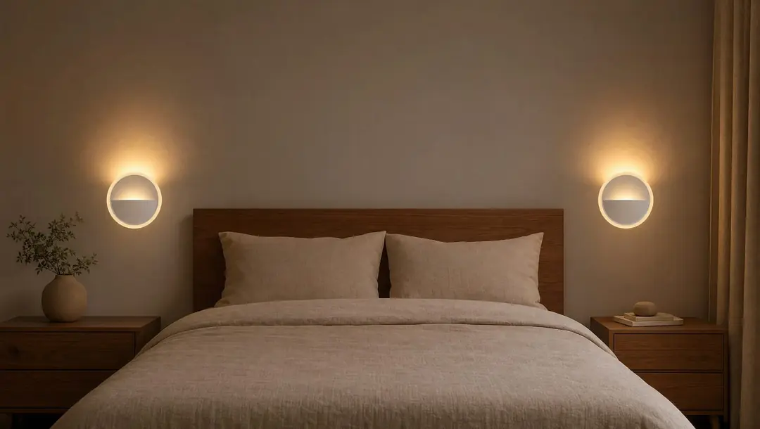 Ball LED Aplik Beyaz yatak odasında ikili takım olarak iki yana simetrik takılmış