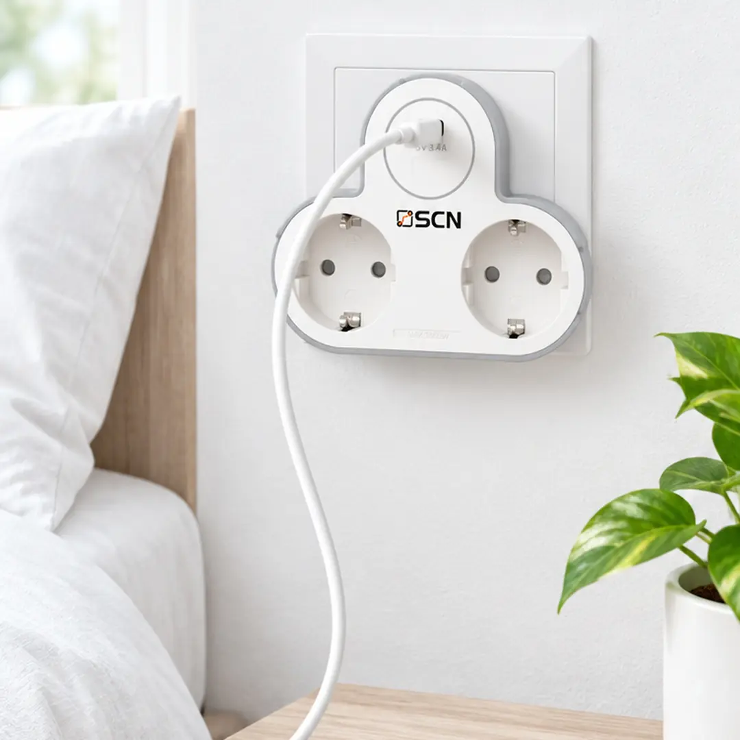 SCN 2li topraklı priz yatak başında, iki priz de boş, telefon USB-C portundan şarj oluyor