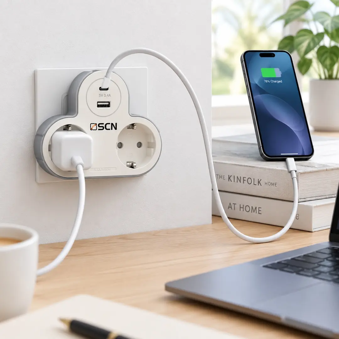 SCN 2li topraklı priz çalışma masasında, dizüstü adaptörü takılı, telefon USB-C ile şarj oluyor