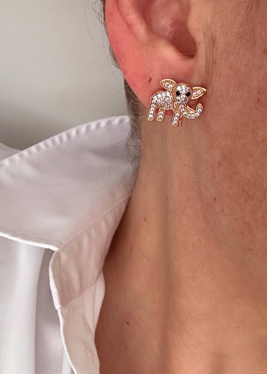 Vip Çelik Gold Renk Zirkon Taşlı Fil Figürlü Küpe En Boy 1,5 cm.