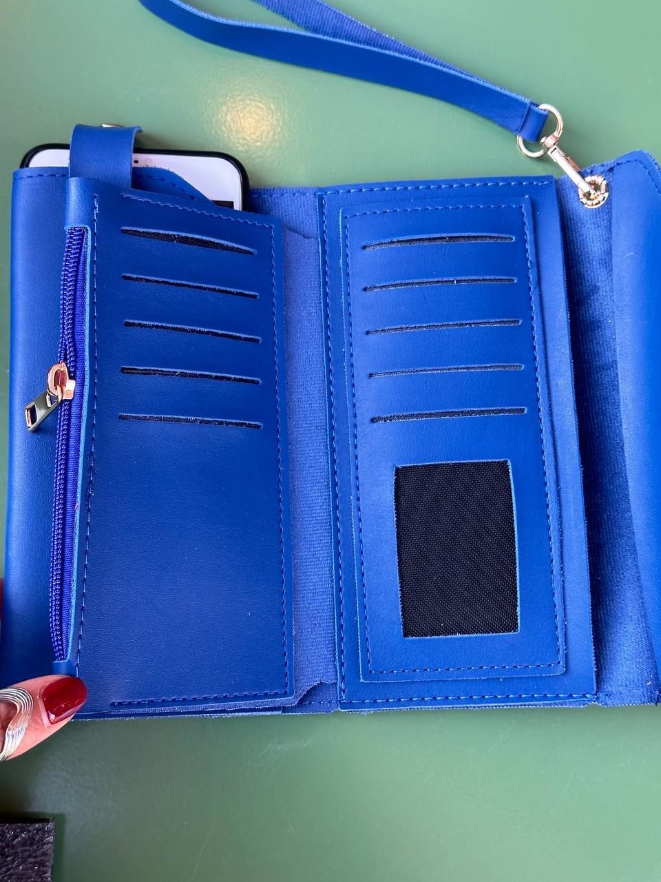 Suni Deri Koyu Mavi Renk Telefon Cepli Çanta / Cüzdan Uzunluk 19 cm. Genişlik 10 cm.
