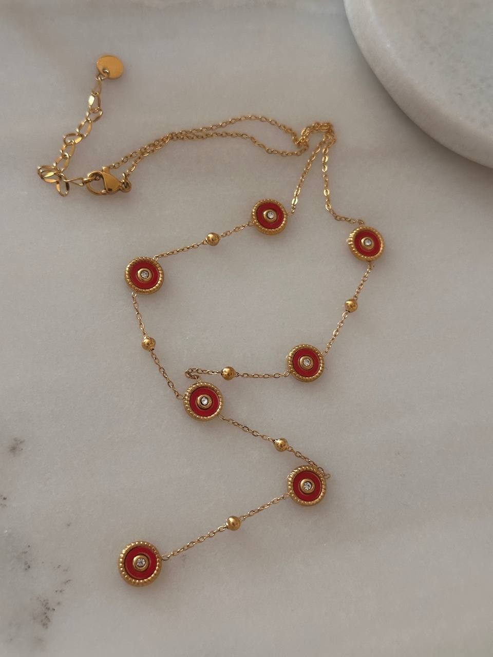 Paslanmaz Çelik Gold Renk Zirkon Taşlı Kırmızı Mineli ( Y ) Kolye Uzunluk 38 cm. 43 cm.