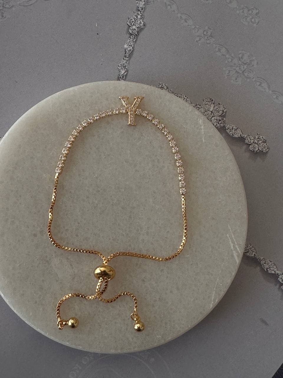 Gold Renk Zirkon Taşlı Rodyum Kaplama ( Y ) Harfli Su Yolu Asansör Bileklik
