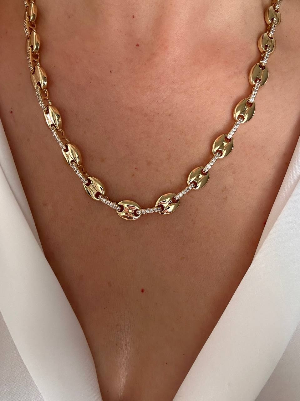 Vip Çelik Gold Renk Zirkon Taşlı Özel Tasarım Düğme Zincir Kolye Uzunluk 50 cm.