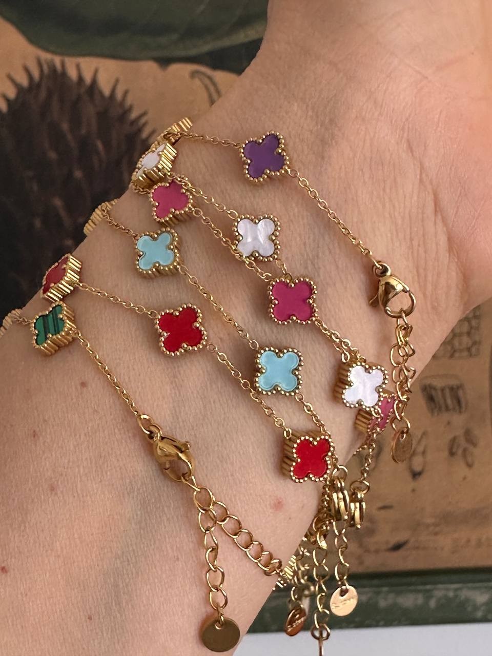 Paslanmaz Çelik Gold Renk Yeşil Yonca Figürlü Bileklik Uzunluk 16 cm. 20 cm.