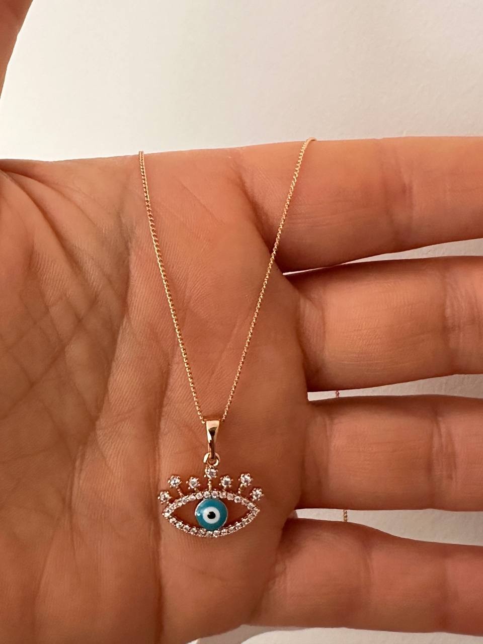 Vip Çelik Gold Renk Zirkon Taşlı Göz Figürlü Antialerjik Kolye Uzunluk 45 cm.