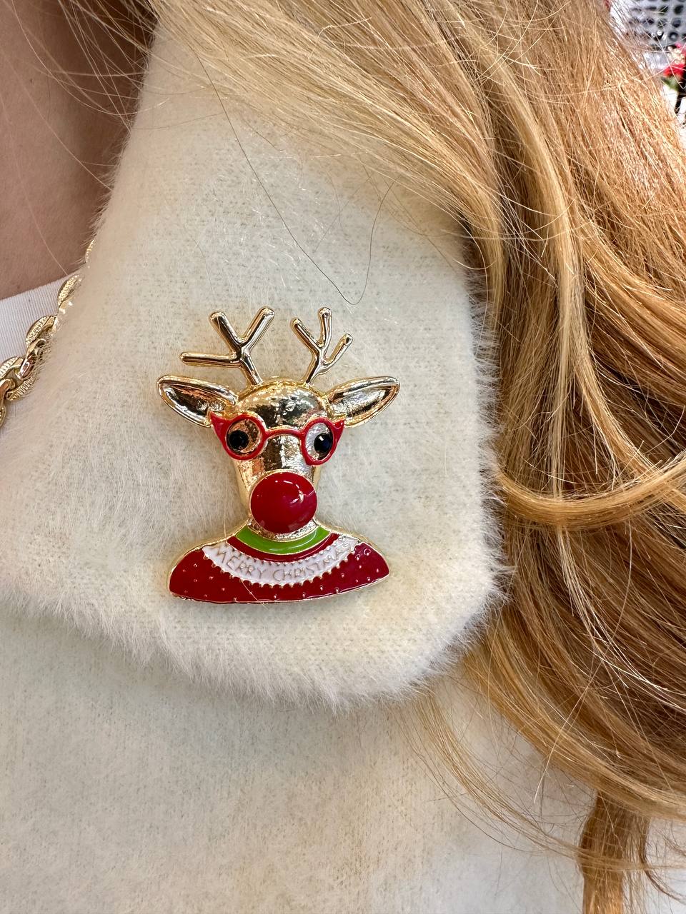 Metal Gold Renk Renkli Mineli Geyik Kafası Tasarım Broş / Yaka İğnesi Genişlik 4 cm. Boy 5 cm.