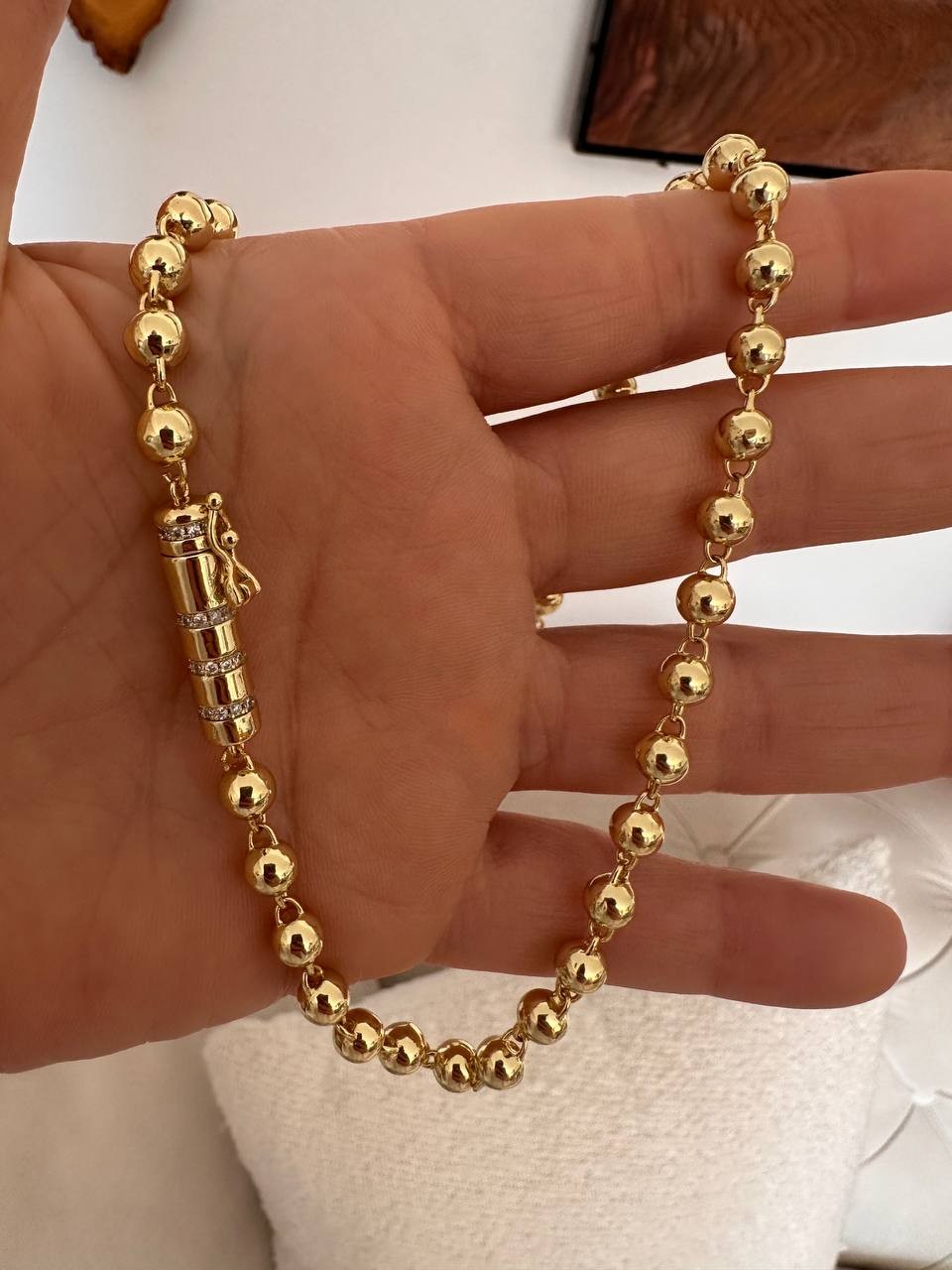 Vip Çelik Gold Renk Zirkon Taşlı Kalın Sıralı Top Zincirli Özel Tasarım Kolye Uzunluk 45 cm.