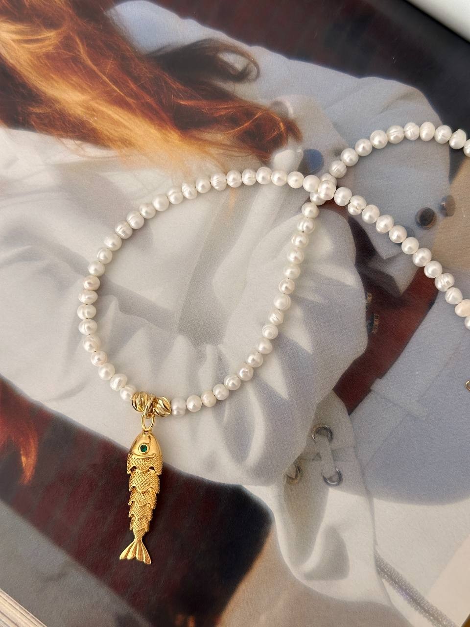 Gold Renk Altın Kaplama Orijinal Doğal İnci Balık Sallantılı Kolye Uzunluk 45 cm. 50 cm.