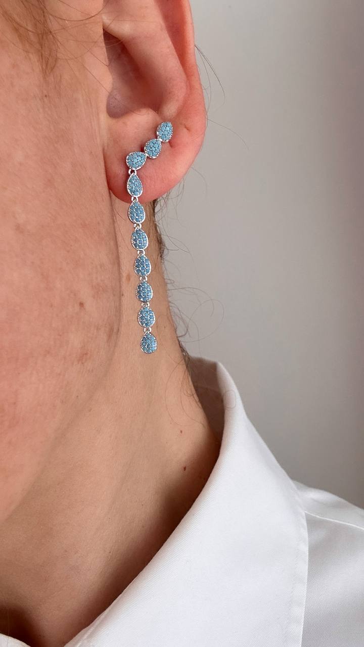Vip Seri Gümüş Renk 925 K Gümüş Kaplama Zirkon Turkuaz Taşlı Özel Tasarım Küpe Uzunluk 6 cm.