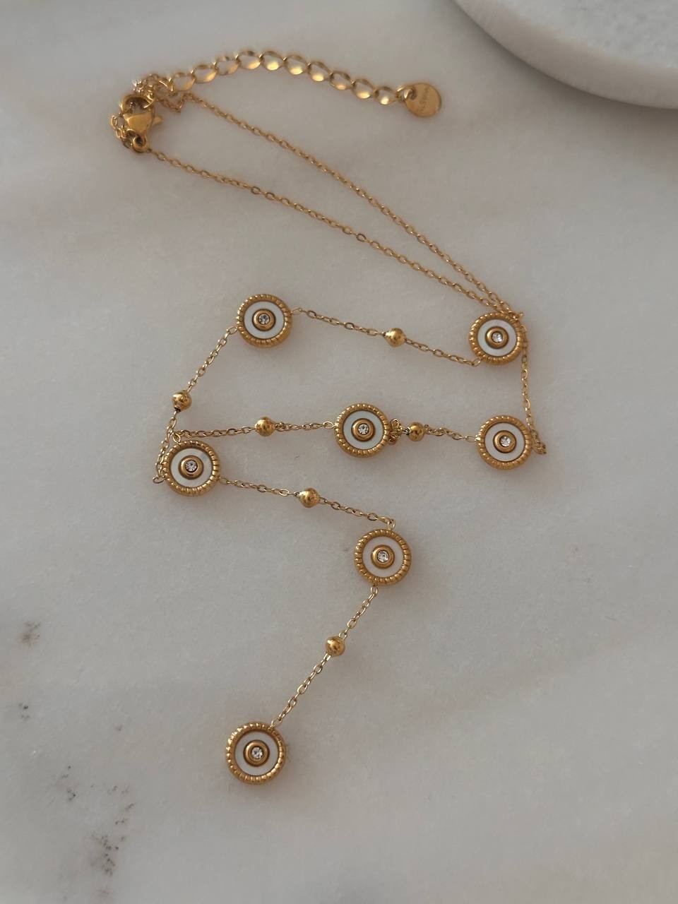 Paslanmaz Çelik Gold Renk Zirkon Taşlı Beyaz Mineli ( Y ) Kolye Uzunluk 38 cm. 43 cm.