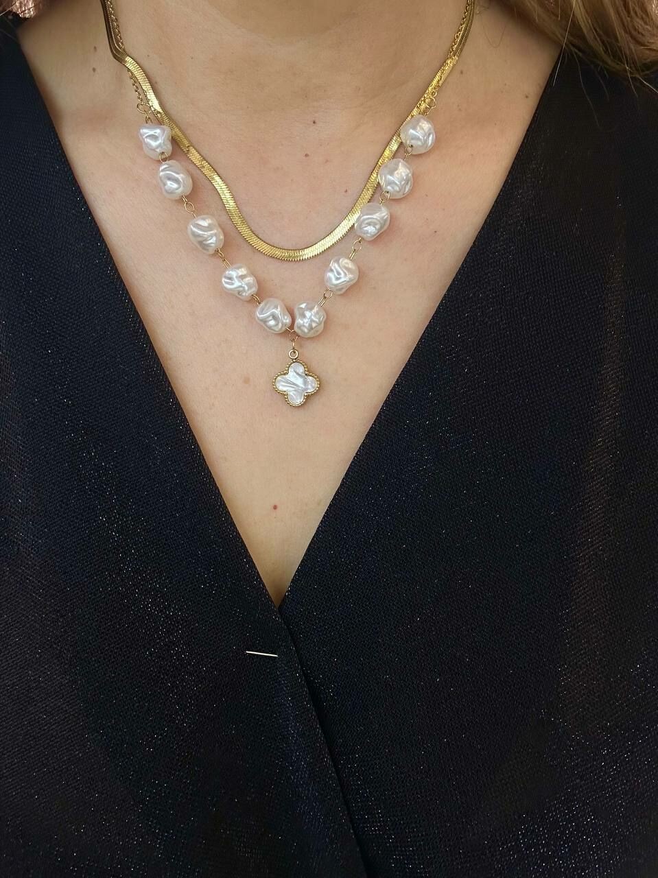 Çelik Gold Renk İnci Detaylı Ezme Zincirli İkili Kombin Kolye Uzunluk 45 cm.