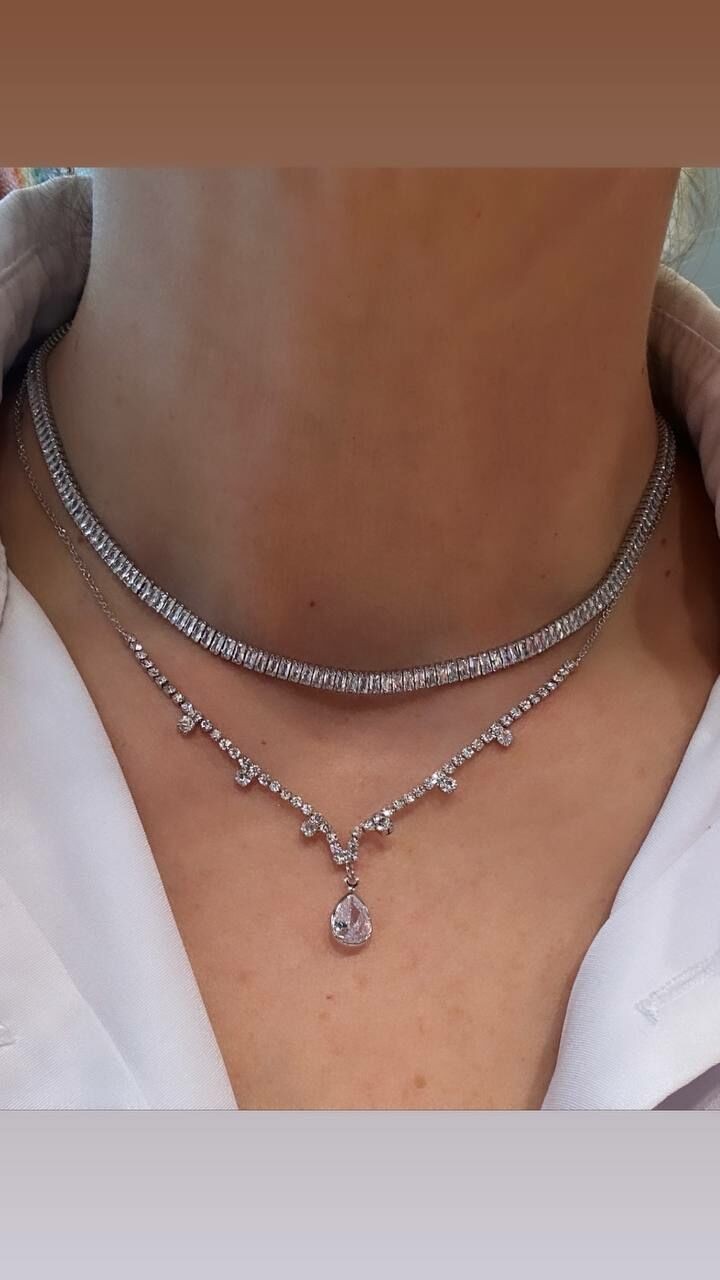 Gümüş Renk Kristal Baget Taşlı Rodyum Kaplama Su Yolu Kolye Uzunluk 40 cm.