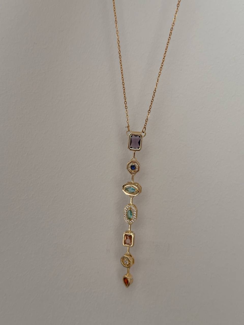 Gold Renk Paslanmaz Çelik Zirkon Renkli Taşlı ( Y ) Tasarım Kolye Uzunluk 45 cm.