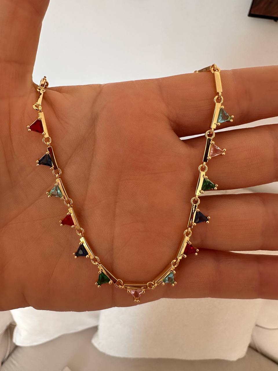 Vip Çelik Gold Renk Zirkon Renkli Taşlı Özel Tasarım Kolye Uzunluk 40 cm. 45 cm.