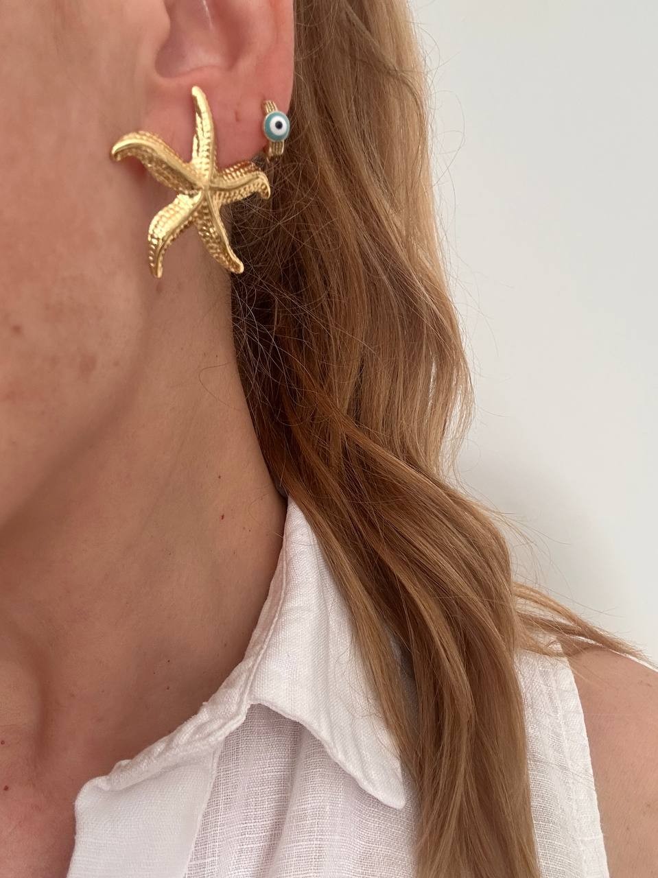 Vip Çelik Gold Renk Lazer Kesim Deniz Yıldızı Figürlü Küpe En Boy 3,5 cm.