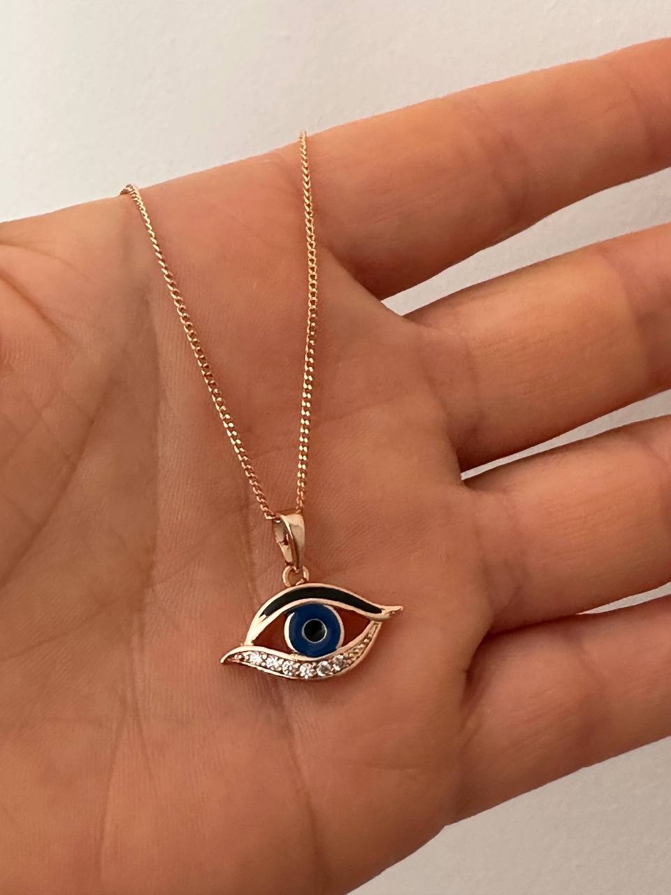Vip Çelik Gold Renk Zirkon Taşlı Göz Boncuk Figürlü Antialerjik Kolye Uzunluk 45 cm.