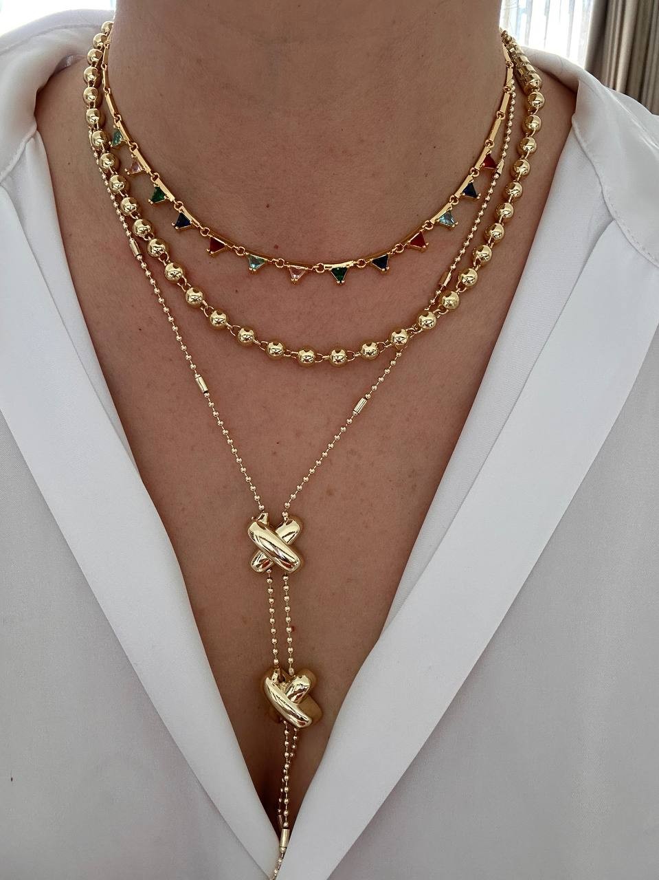 Vip Çelik Gold Renk Topçuk Zincir Detaylı Tasarım Kolye Uzunluk 55 cm.