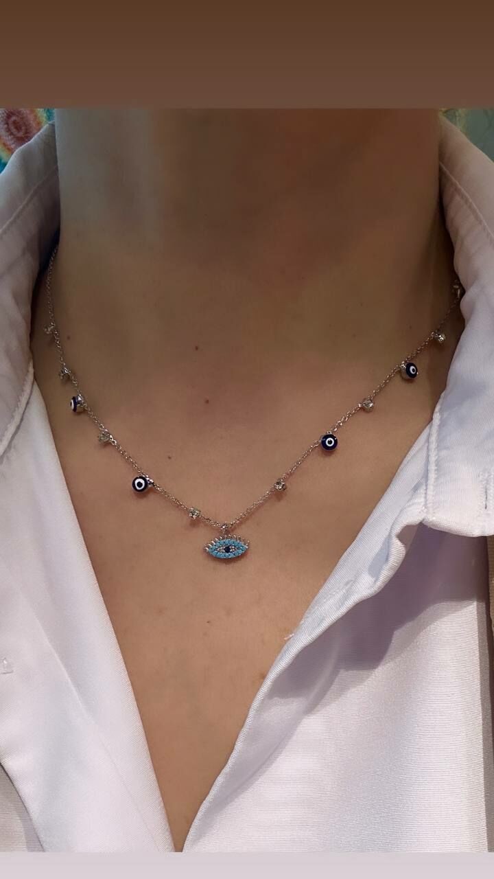 Gümüş Renk Kristal Taşlı Göz Boncuk Detaylı Rodyum Kaplama Kolye Uzunluk 45 cm.