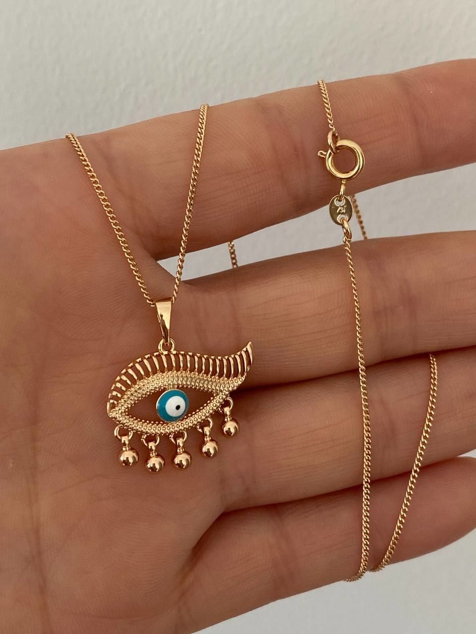 Vip Çelik Gold Renk Antialerjik Özel Tasarım Göz Figürlü Kolye Uzunluk 43 cm. Uç Genişlik 2,5 cm.