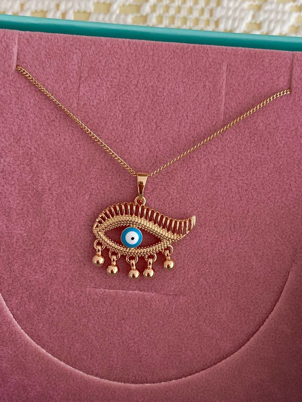 Vip Çelik Gold Renk Antialerjik Özel Tasarım Göz Figürlü Kolye Uzunluk 43 cm. Uç Genişlik 2,5 cm.