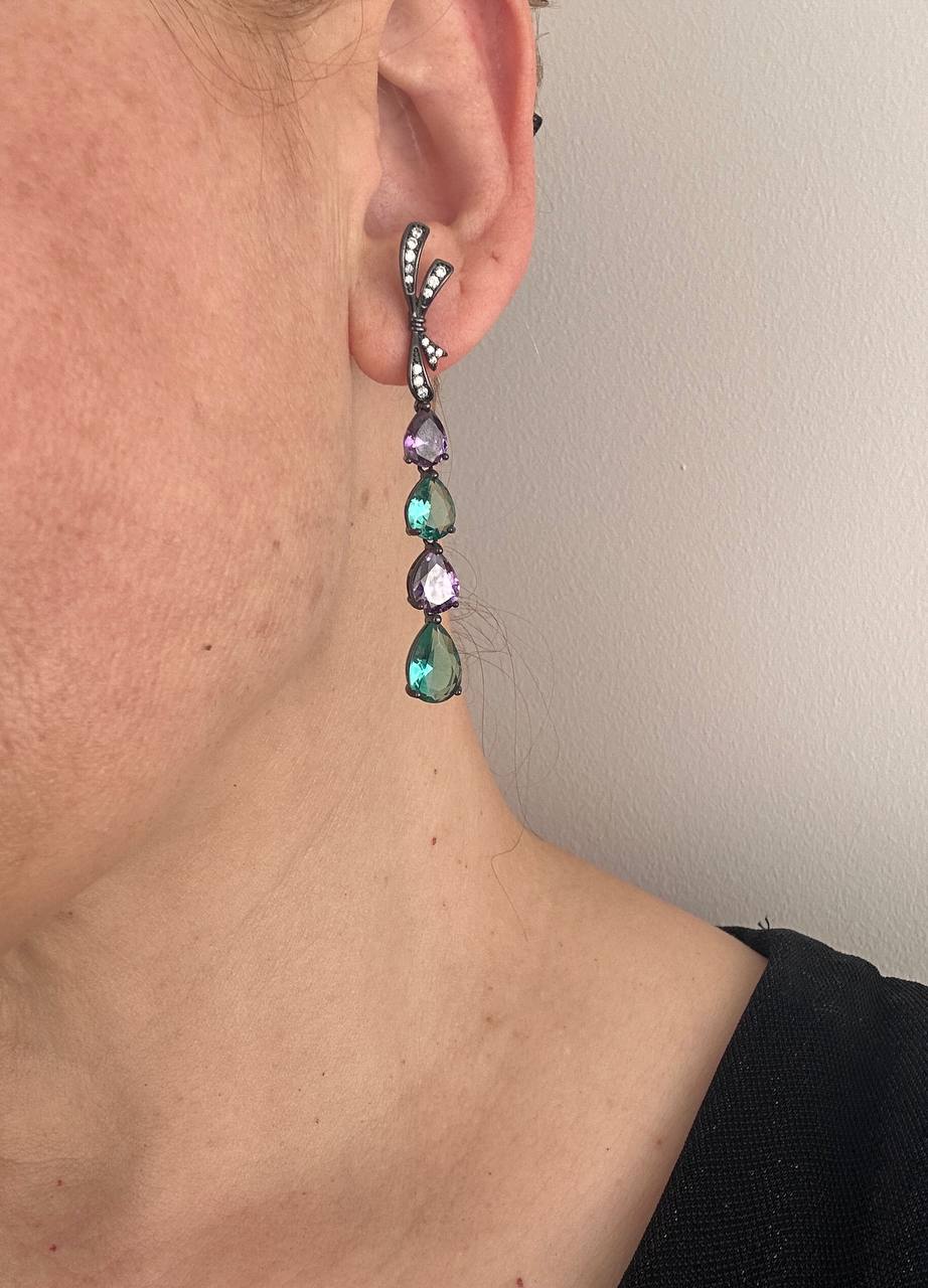 Vip Seri Siyah Renk 925 K Gümüş Kaplama Zirkon Renkli Taşlı Sallantılı Özel Tasarım Küpe Uzunluk 6 cm.