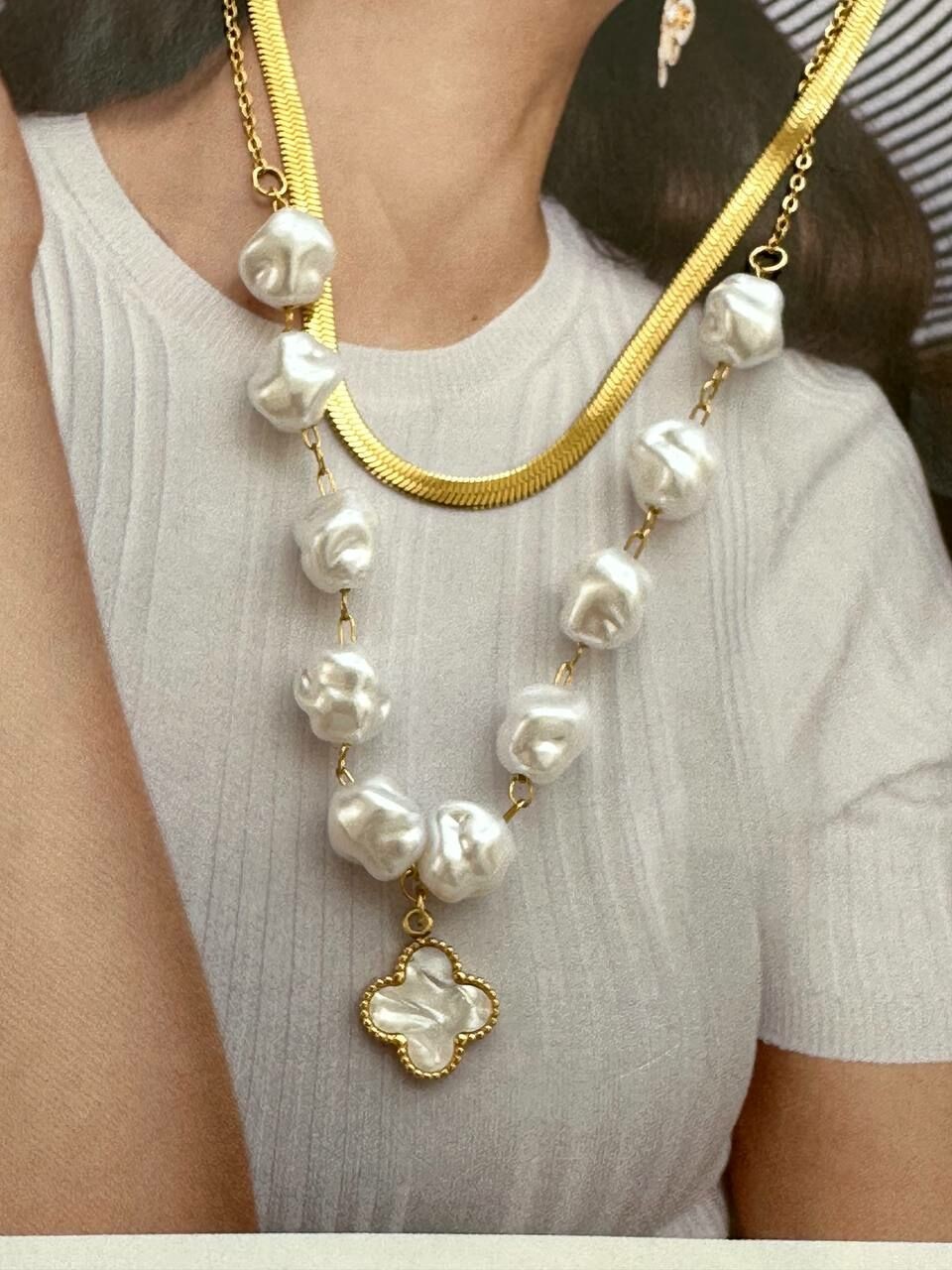 Çelik Gold Renk İnci Detaylı Ezme Zincirli İkili Kombin Kolye Uzunluk 45 cm.